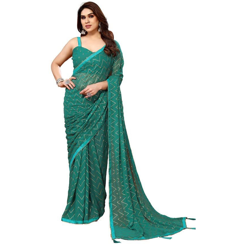 SIRIL Womens Foil Print, Lace, Tassel Georgette Saree with Unstitched Blouse(3066S2125_Green)