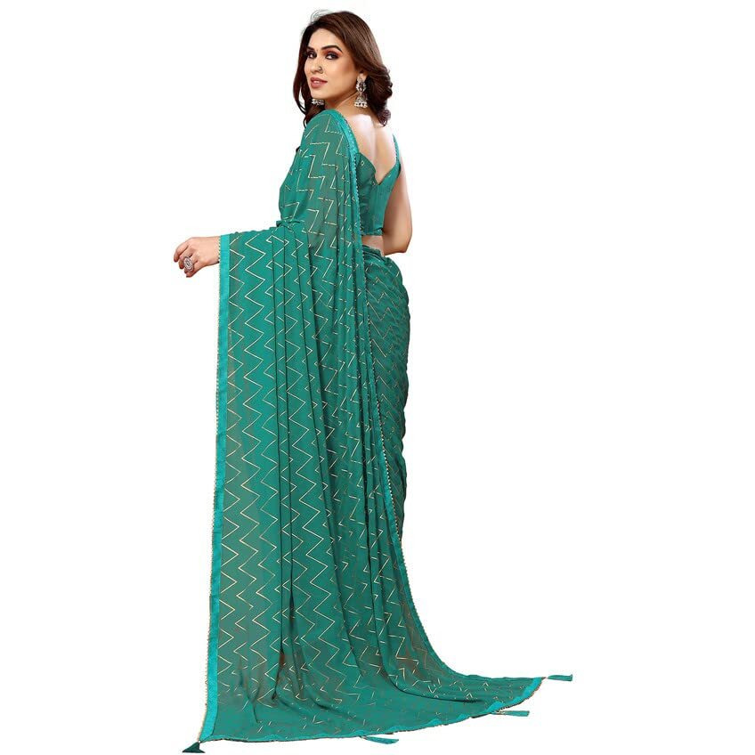 SIRIL Womens Foil Print, Lace, Tassel Georgette Saree with Unstitched Blouse(3066S2125_Green)