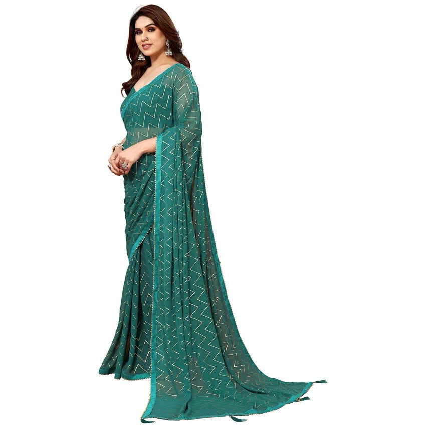 SIRIL Womens Foil Print, Lace, Tassel Georgette Saree with Unstitched Blouse(3066S2125_Green)