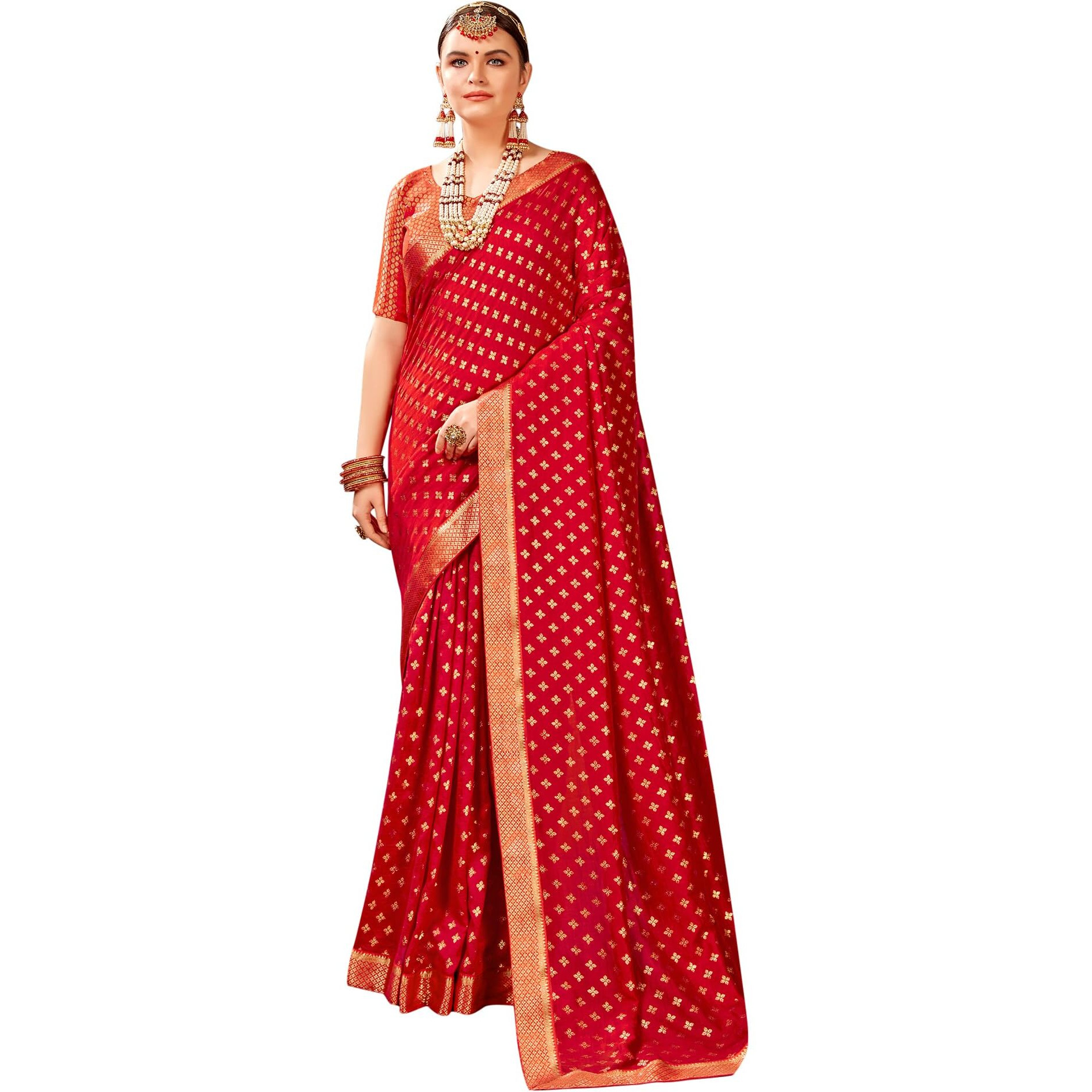 AKHILAM Womens Vichitra Silk Embellished Ethnic Motif Saree With Unstitched Blouse Piece (Red_AMISHA81454_5D)