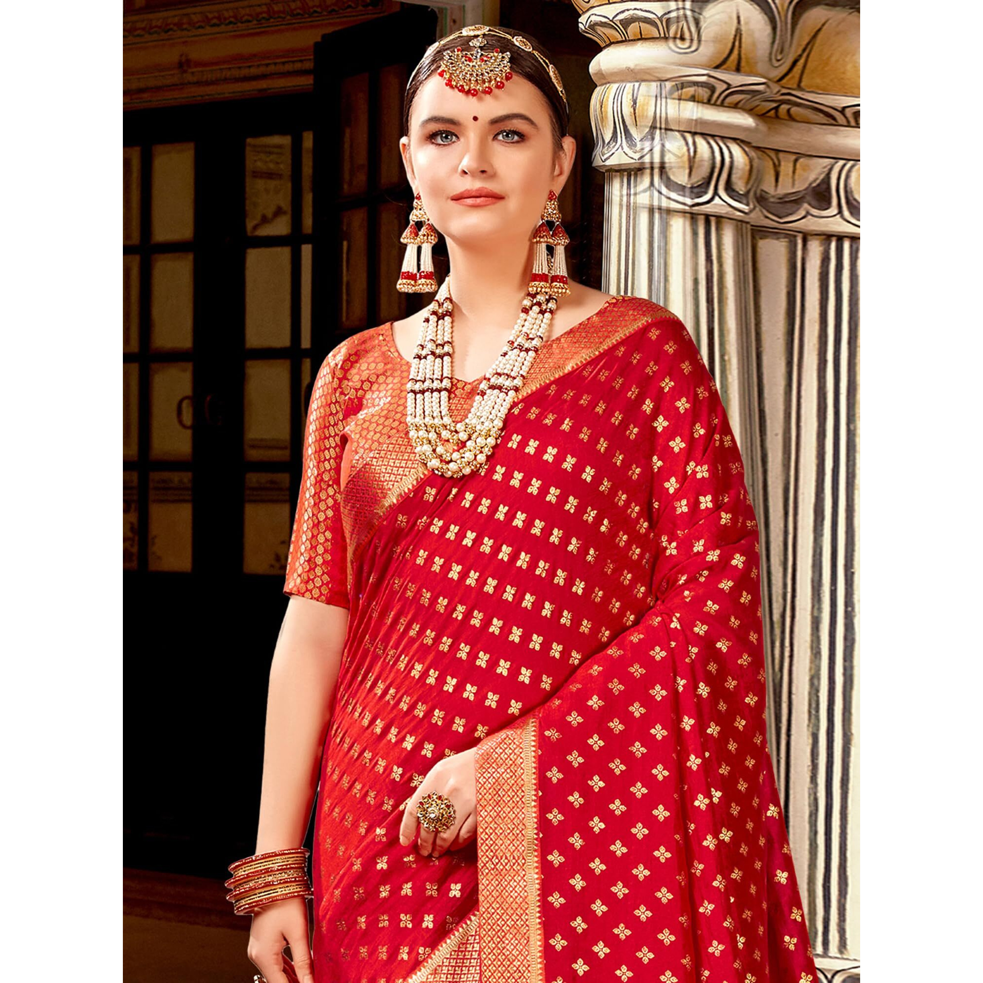 AKHILAM Womens Vichitra Silk Embellished Ethnic Motif Saree With Unstitched Blouse Piece (Red_AMISHA81454_5D)