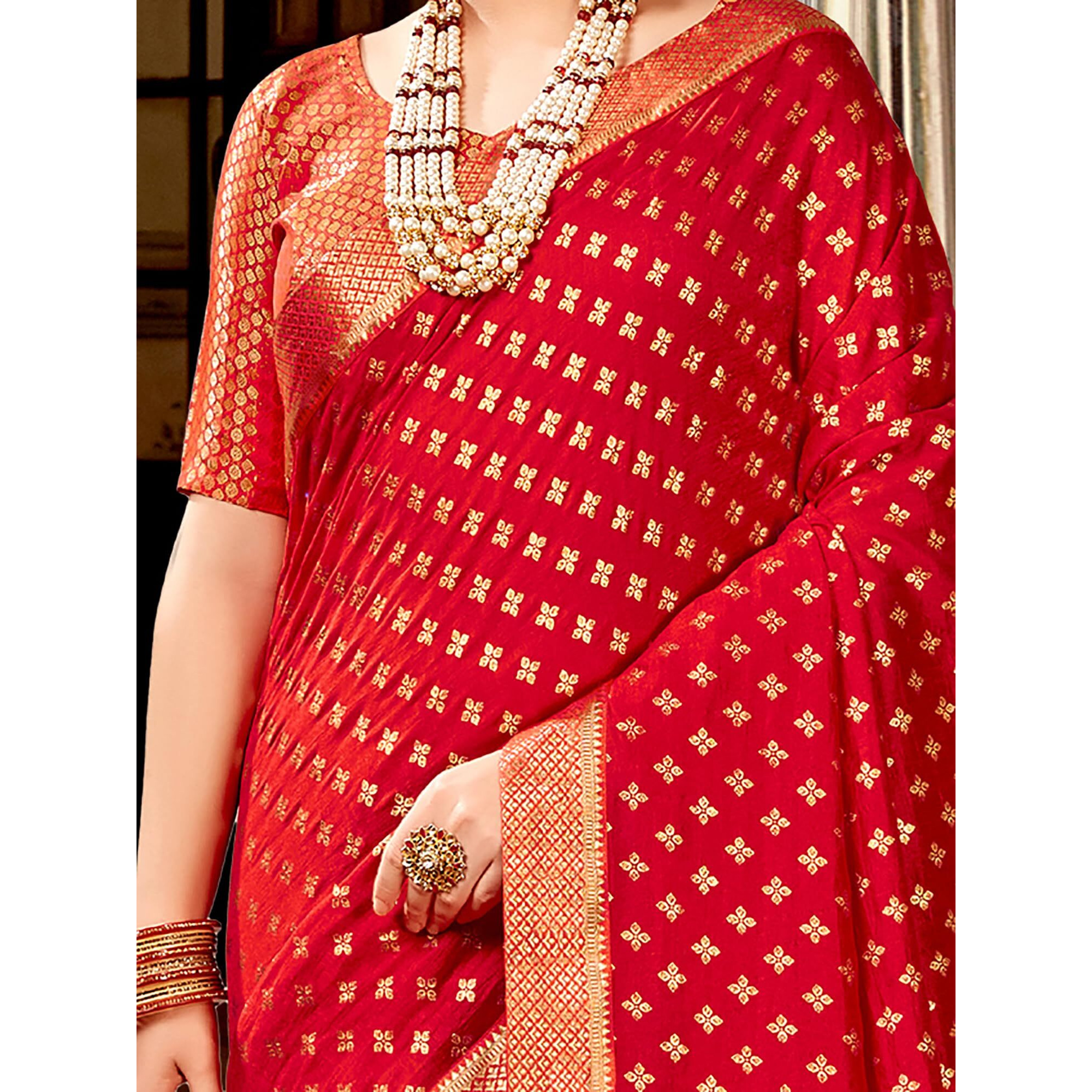 AKHILAM Womens Vichitra Silk Embellished Ethnic Motif Saree With Unstitched Blouse Piece (Red_AMISHA81454_5D)