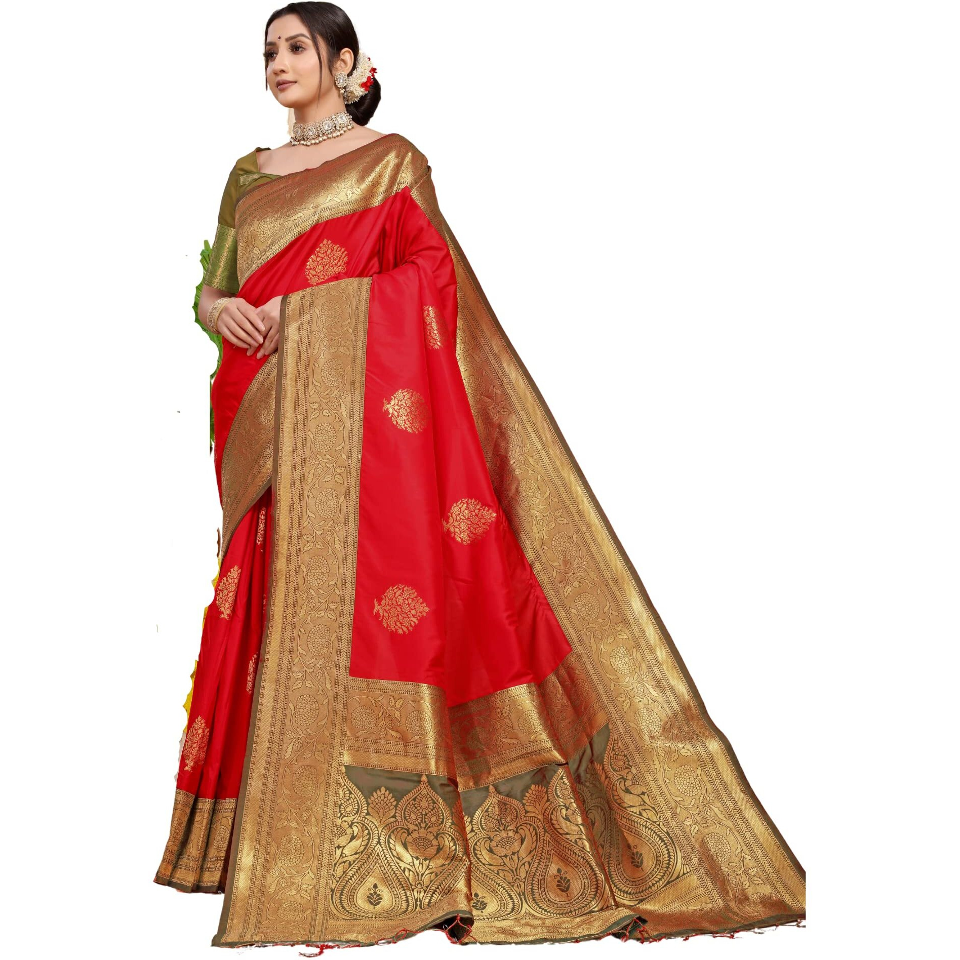 SGF11 Womens Kanjivaram Pure Soft Silk Handloom Saree Pure Golden Zari With Blouse Piece (Red)