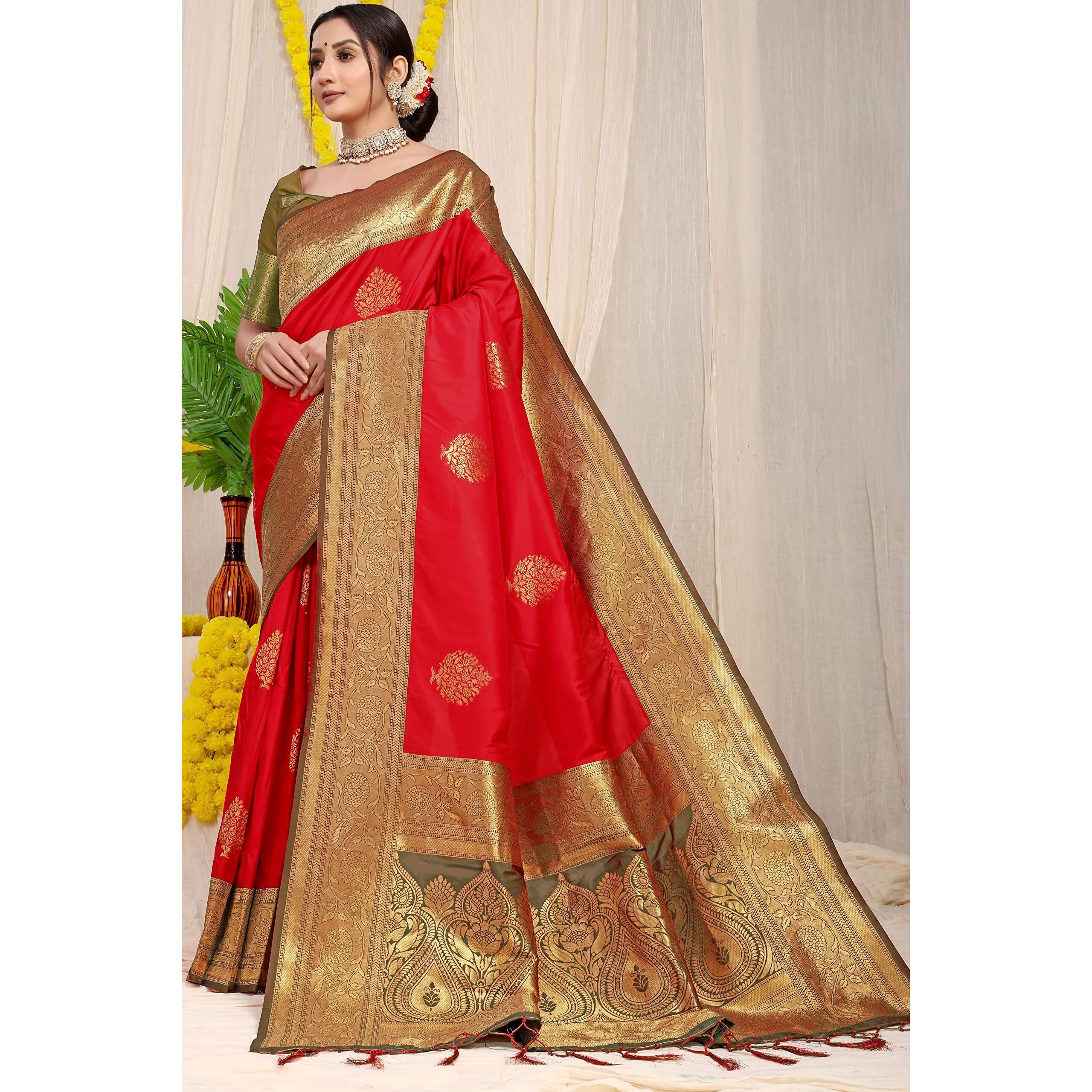 SGF11 Womens Kanjivaram Pure Soft Silk Handloom Saree Pure Golden Zari With Blouse Piece (Red)