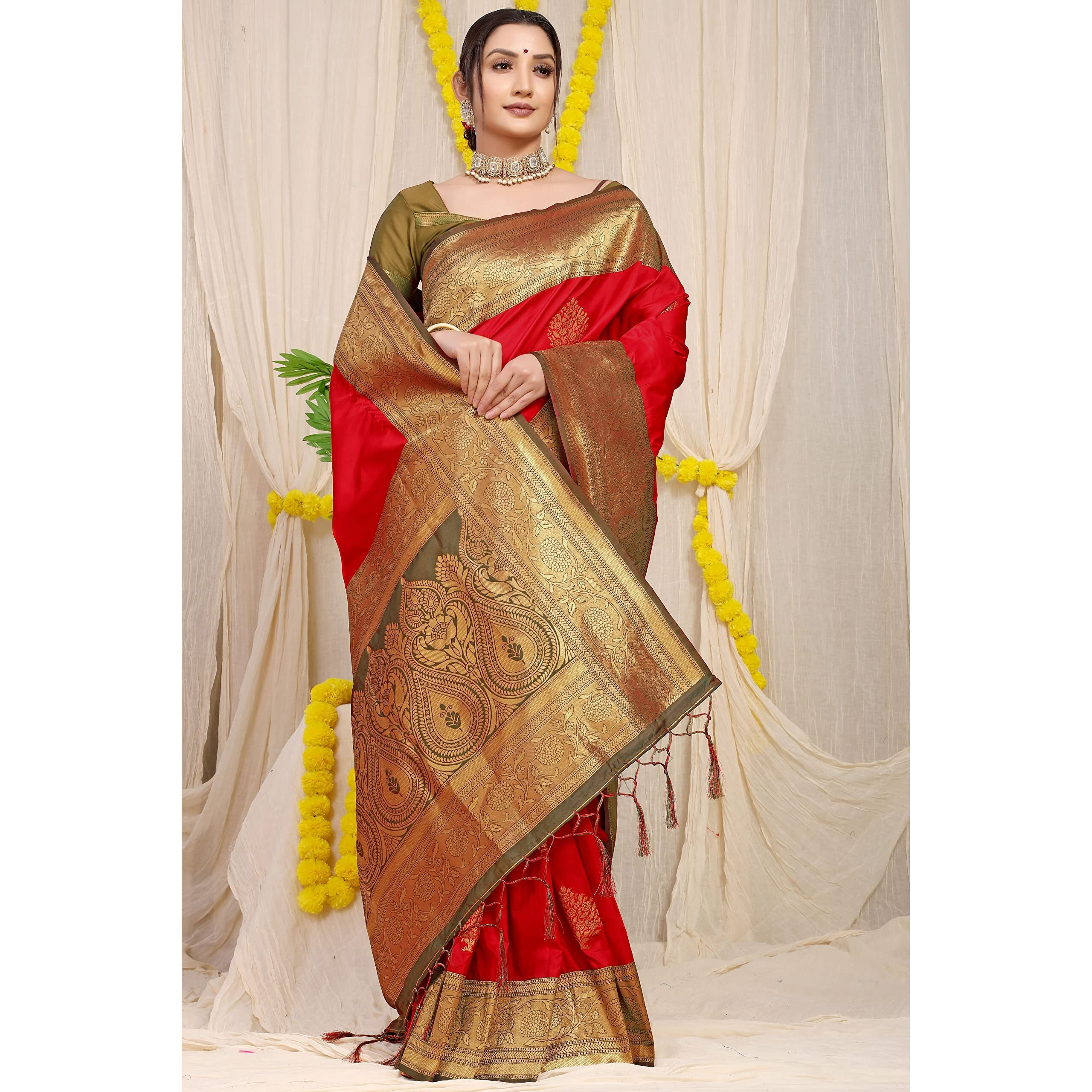 SGF11 Womens Kanjivaram Pure Soft Silk Handloom Saree Pure Golden Zari With Blouse Piece (Red)