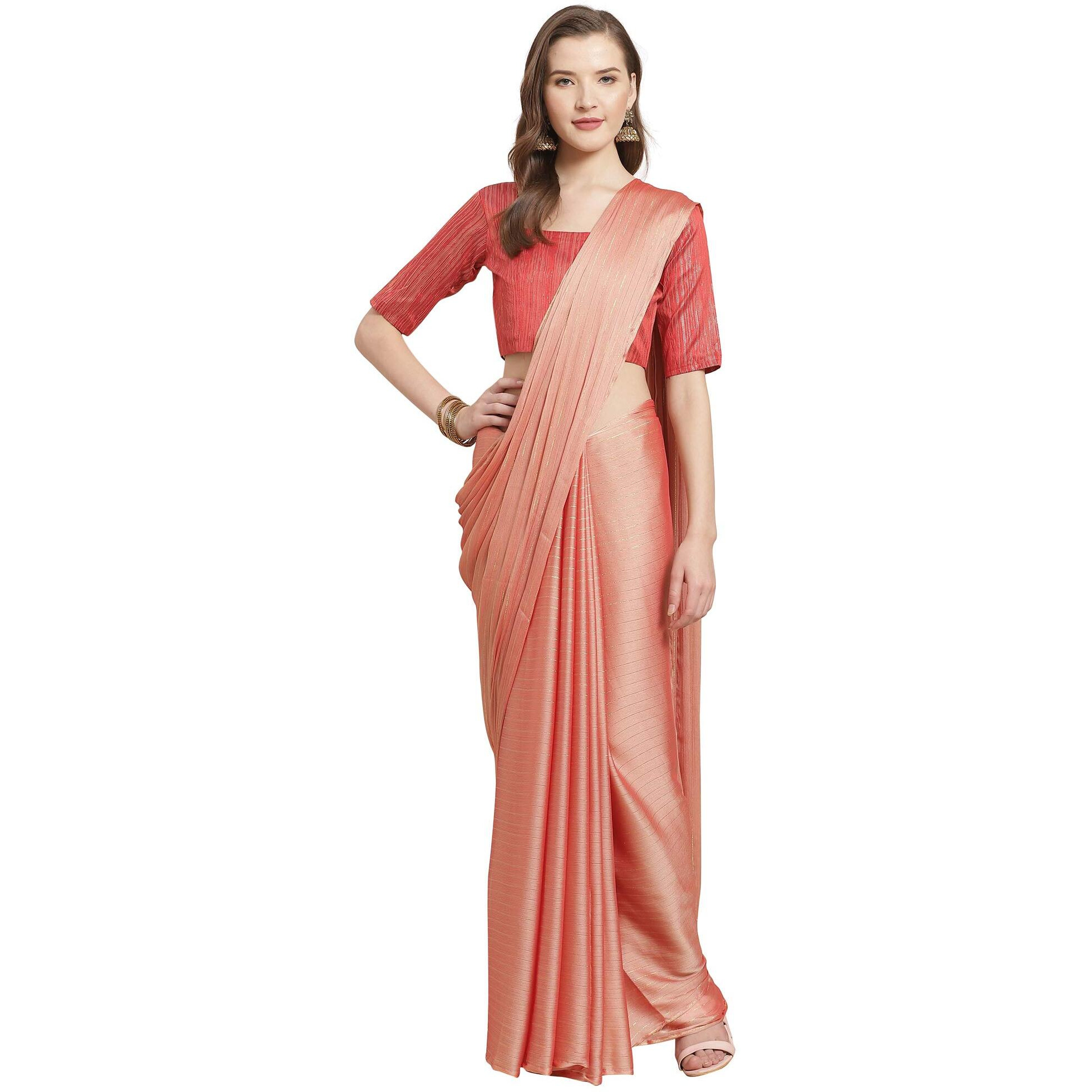 AKHILAM Womens Poly Georgette Striped Saree with Unstitched Blouse Piece(Peach_ARTA4209)