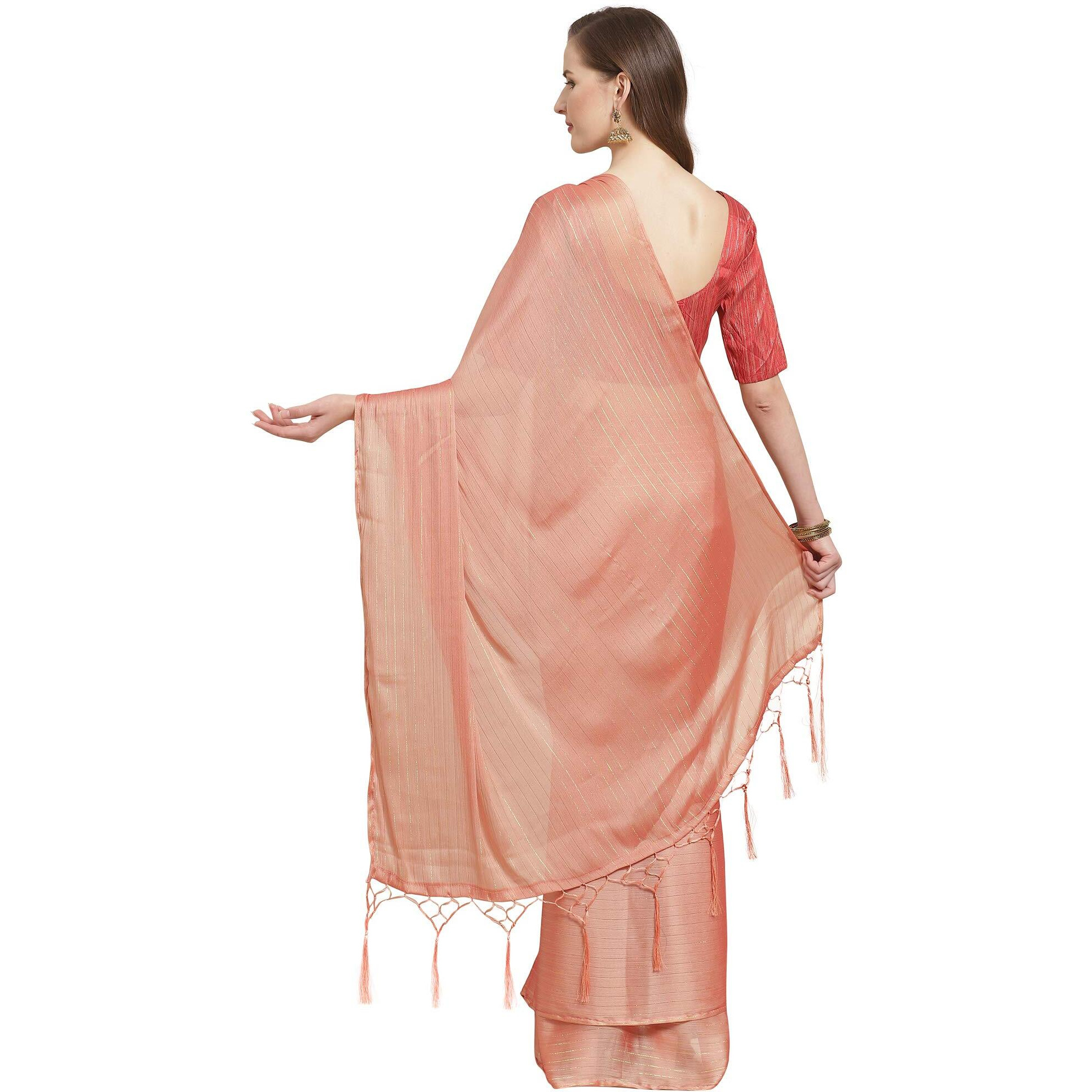 AKHILAM Womens Poly Georgette Striped Saree with Unstitched Blouse Piece(Peach_ARTA4209)