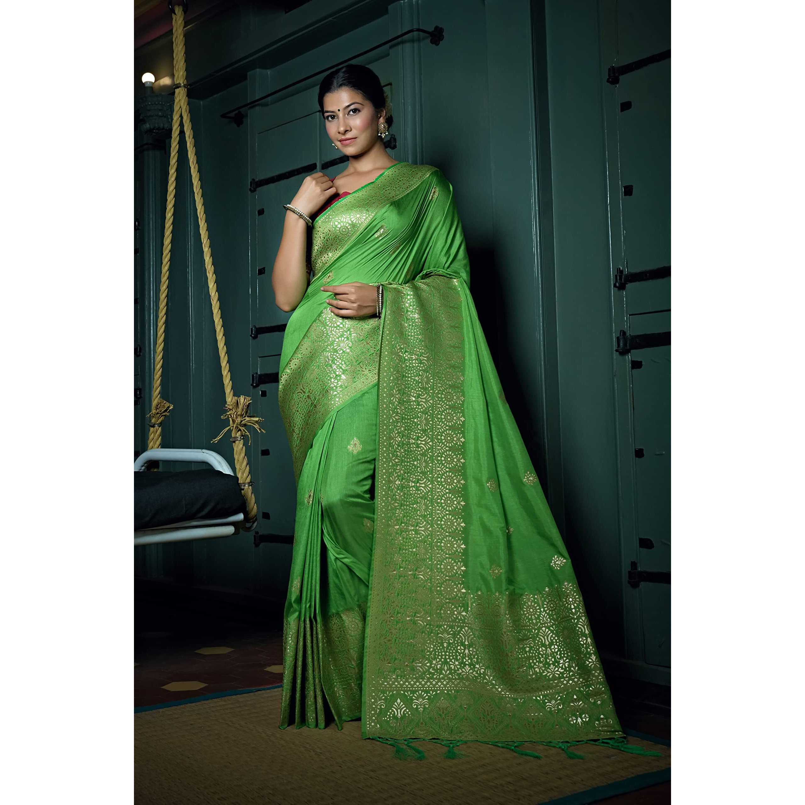 Vardha Womens Banarasi Raw Silk Saree With Blouse Piece (Kashika Silk_440_Green)