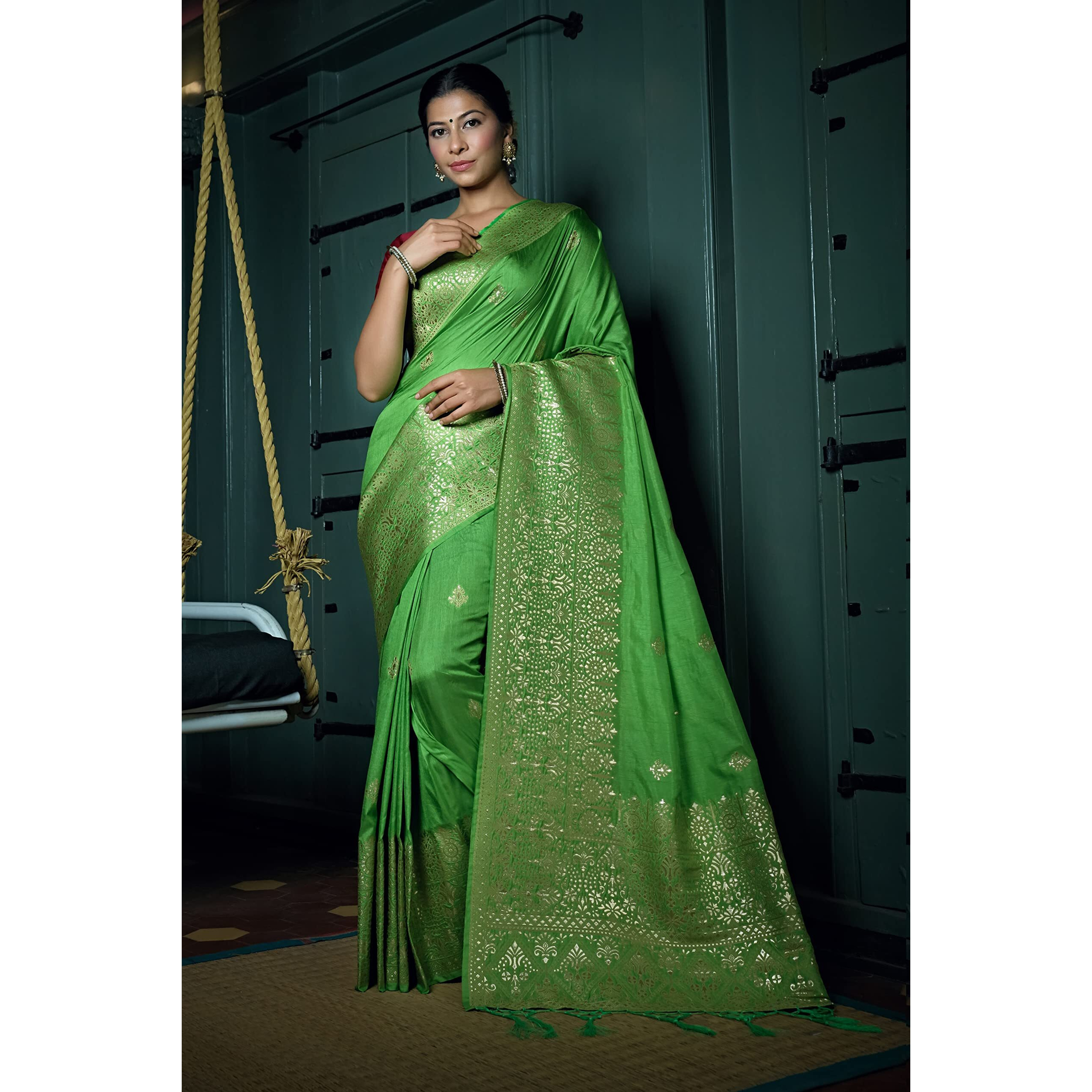 Vardha Womens Banarasi Raw Silk Saree With Blouse Piece (Kashika Silk_440_Green)