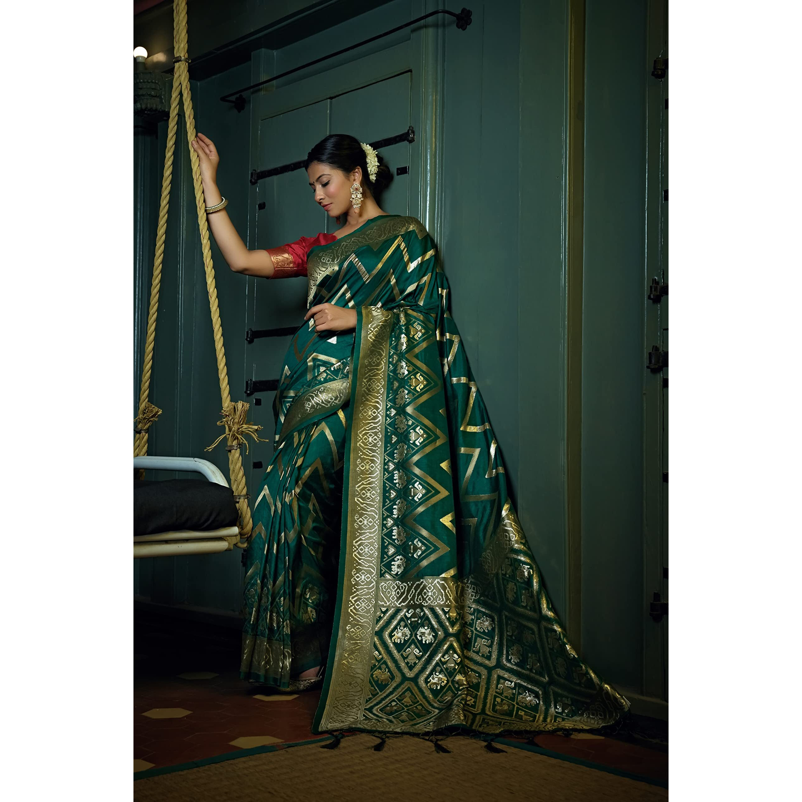 Vardha Womens Banarasi Raw Silk Saree With Blouse Piece (Kashika Silk_444_Dark Green)