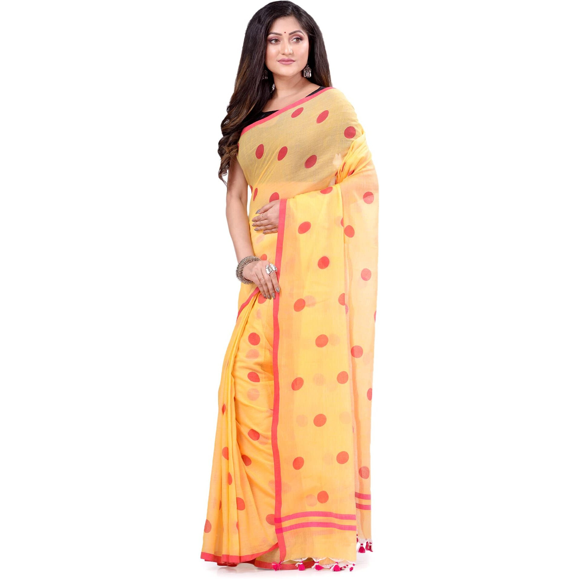 Db Desh Bidesh Womens Woven Cotton Saree Without Blouse Piece (Dbmalmal220622Cfd_Yellow)