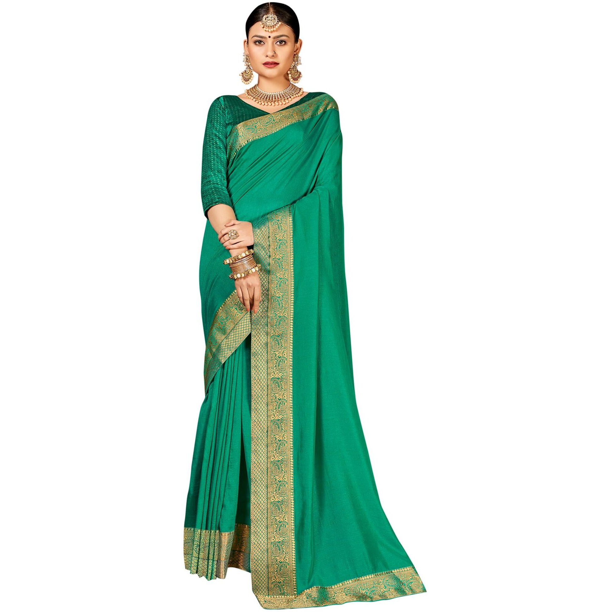 AKHILAM Womens Vichitra Silk Embellished Solid Saree With Unstitched Blouse Piece