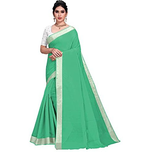 Sidhidata Textile Womens Cotton Silk Plain Saree With Unstitched Blouse Piece (K Seagreen)