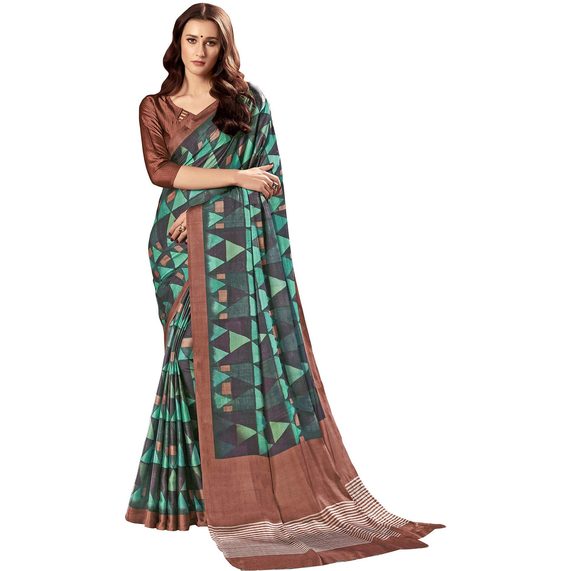 AKHILAM Womens Satin Crepe Geometric Saree with Unstitched Blouse Piece(Multi_3FLWR20405)