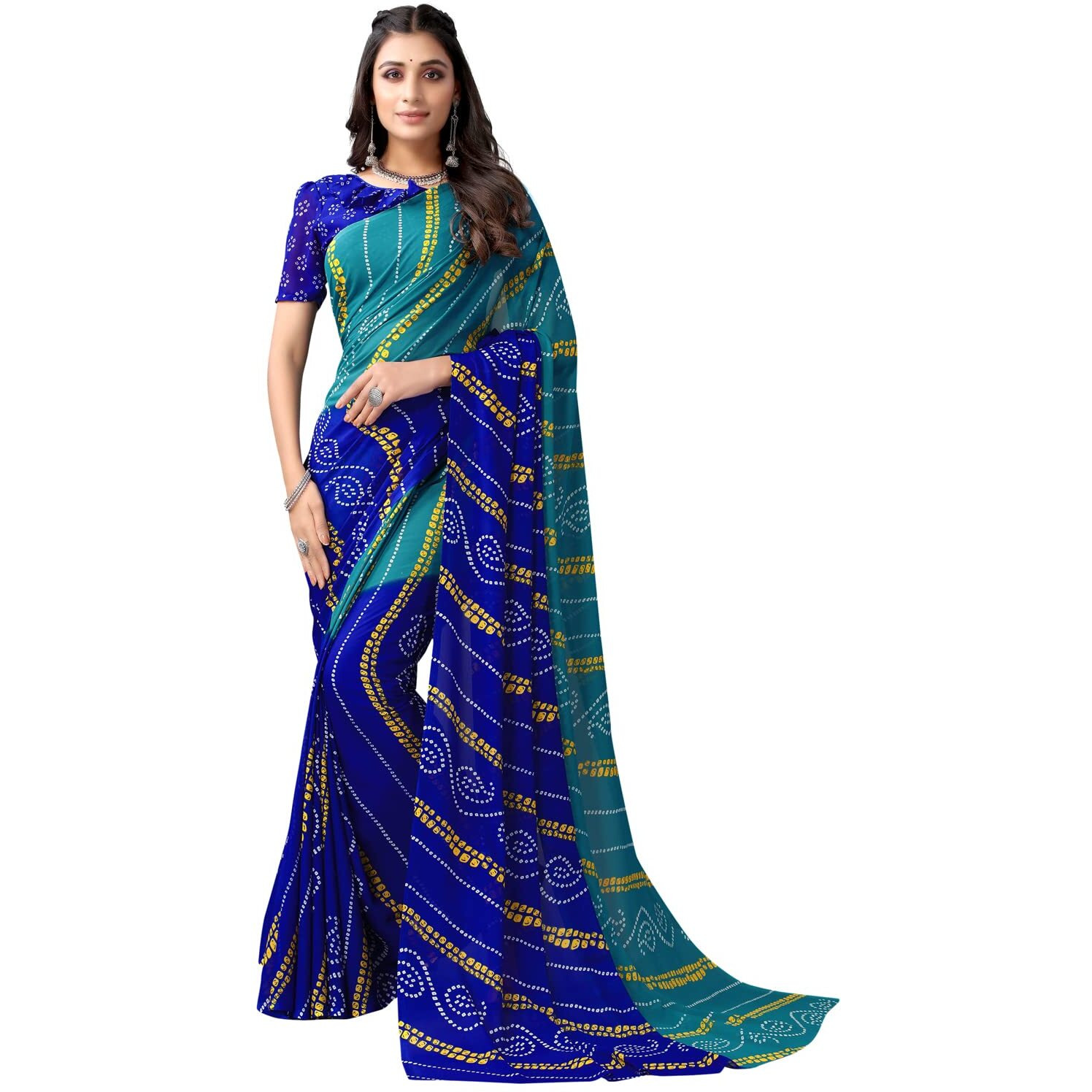 Satrani Womens Bandhani Printed Georgette Saree with Unstitched Blouse Piece(2351SR822_Teal Blue, Blue)