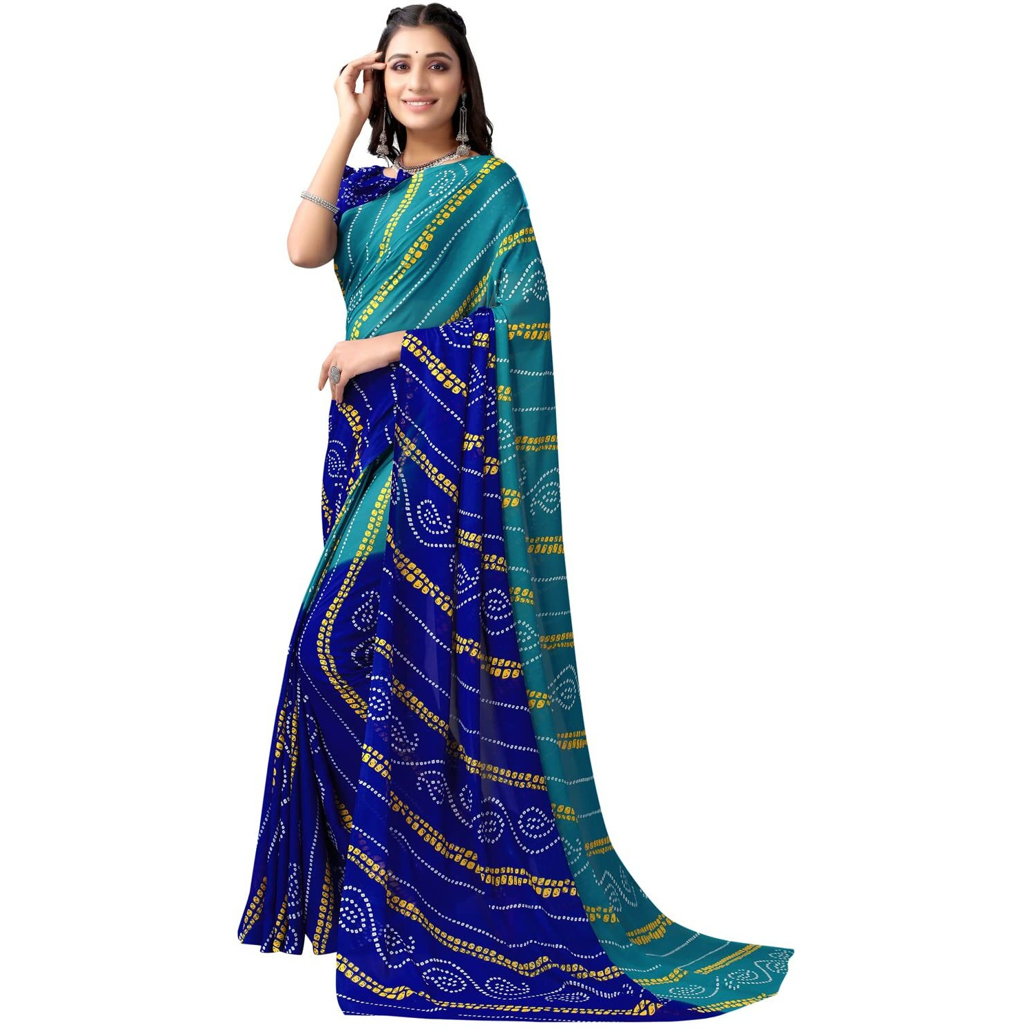 Satrani Womens Bandhani Printed Georgette Saree with Unstitched Blouse Piece(2351SR822_Teal Blue, Blue)