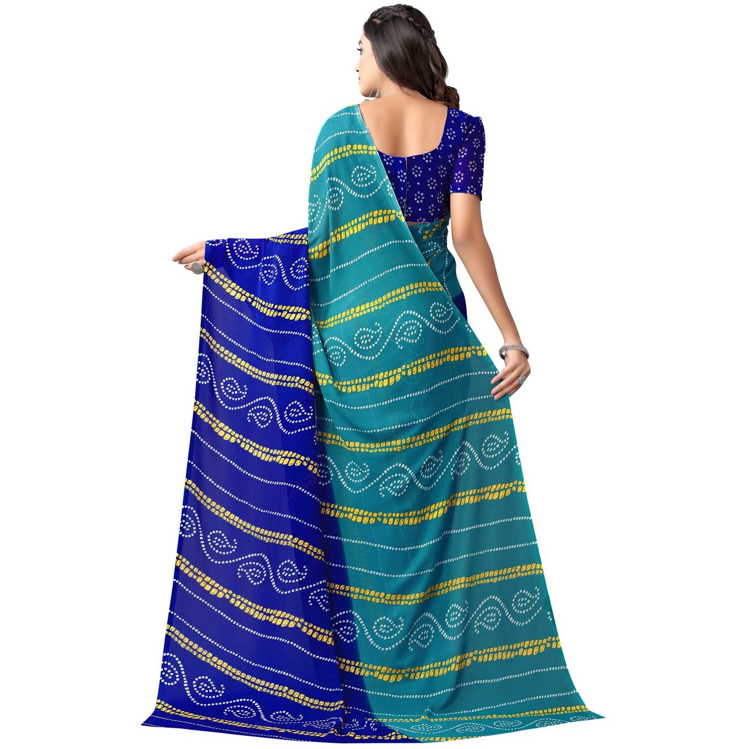 Satrani Womens Bandhani Printed Georgette Saree with Unstitched Blouse Piece(2351SR822_Teal Blue, Blue)