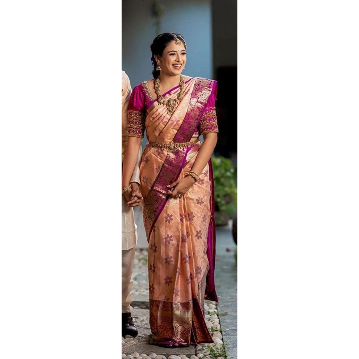 VASTTRAM Womens shree pallav kanchipuram Banarasi Lichi Silk Saree with Plain Unstitched Blouse Piece (peach)