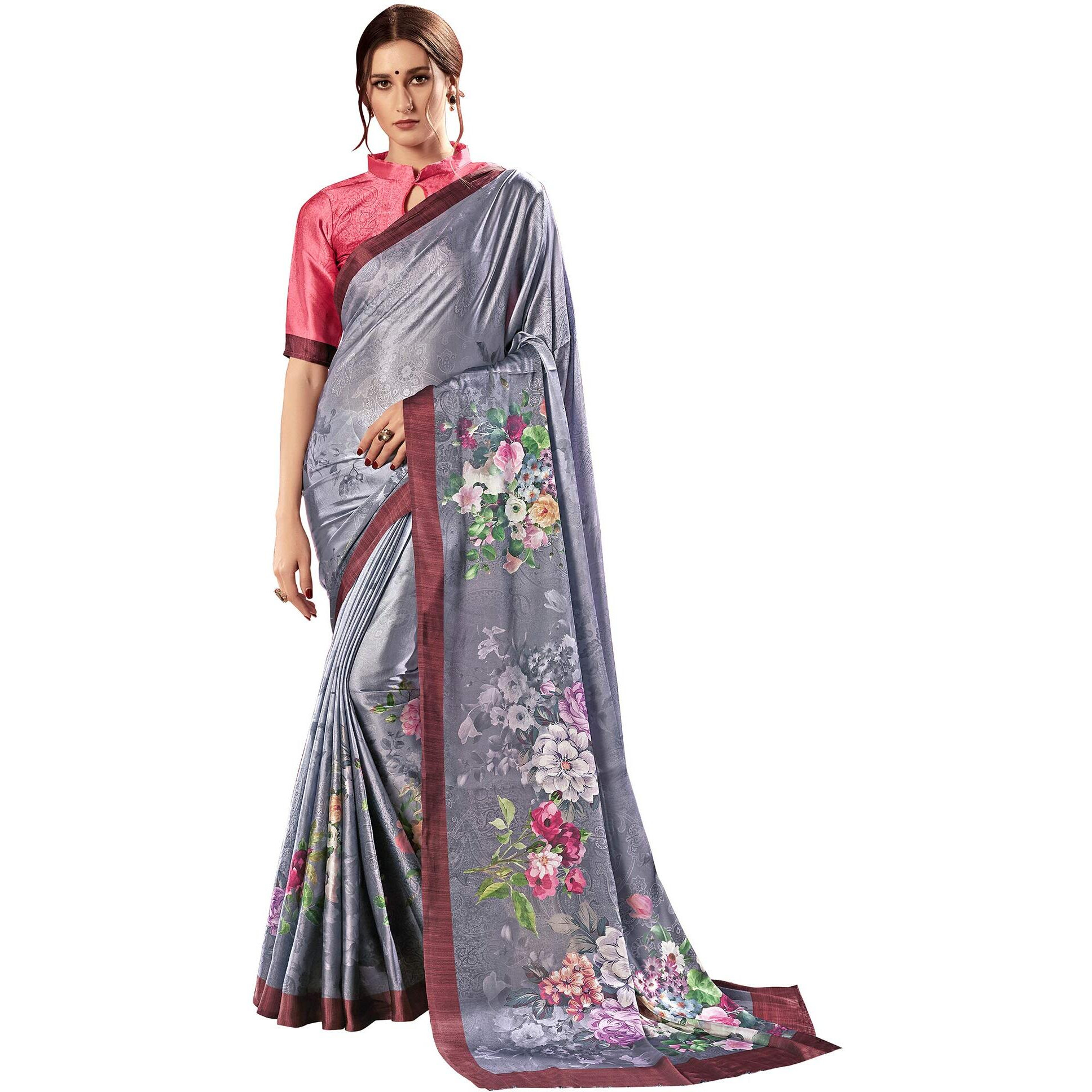 AKHILAM Womens crepe Saree with Unstitched Blouse Piece (Grey_3FLWR20406)