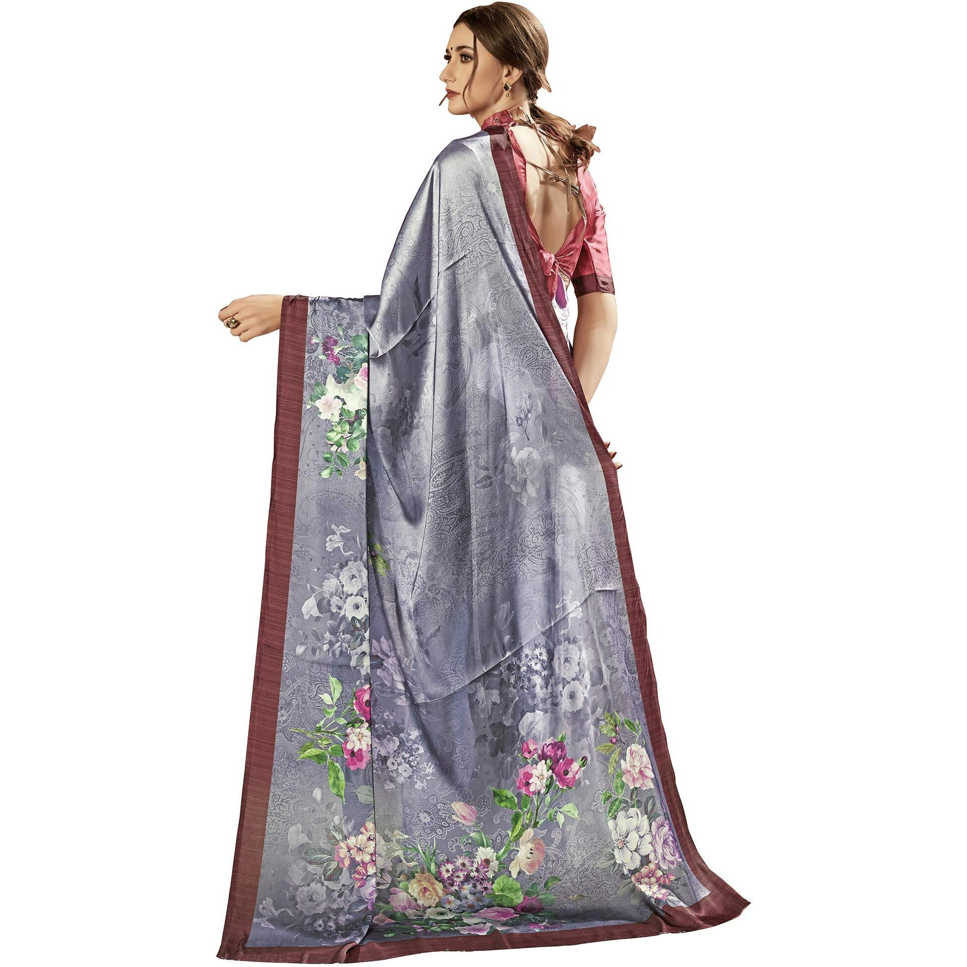 AKHILAM Womens crepe Saree with Unstitched Blouse Piece (Grey_3FLWR20406)