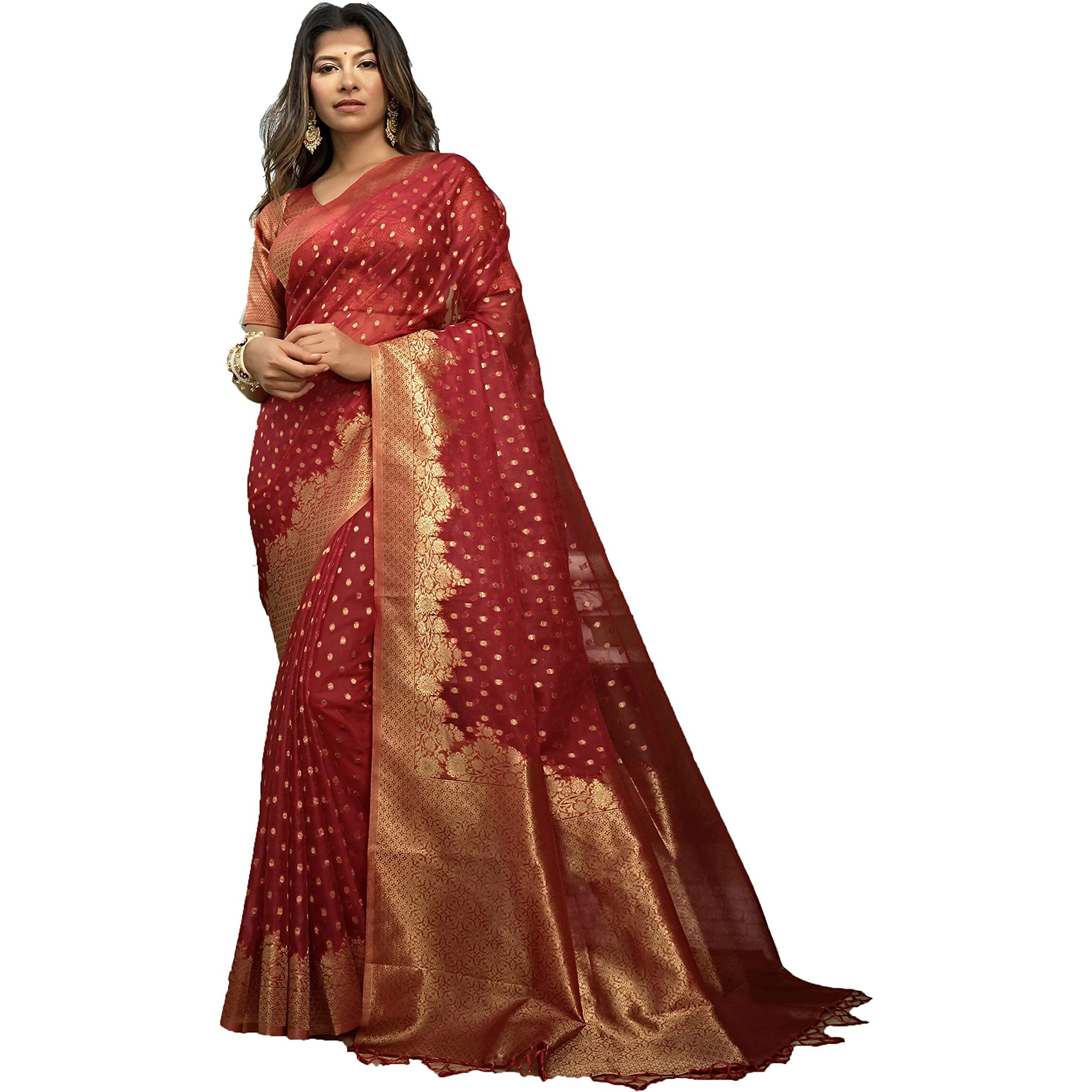 Vardha Womens Organza Art Silk Saree with Unstitched Blouse Piece - Zari Woven Work Sarees for Wedding (Kalini Silk, 430, Red)