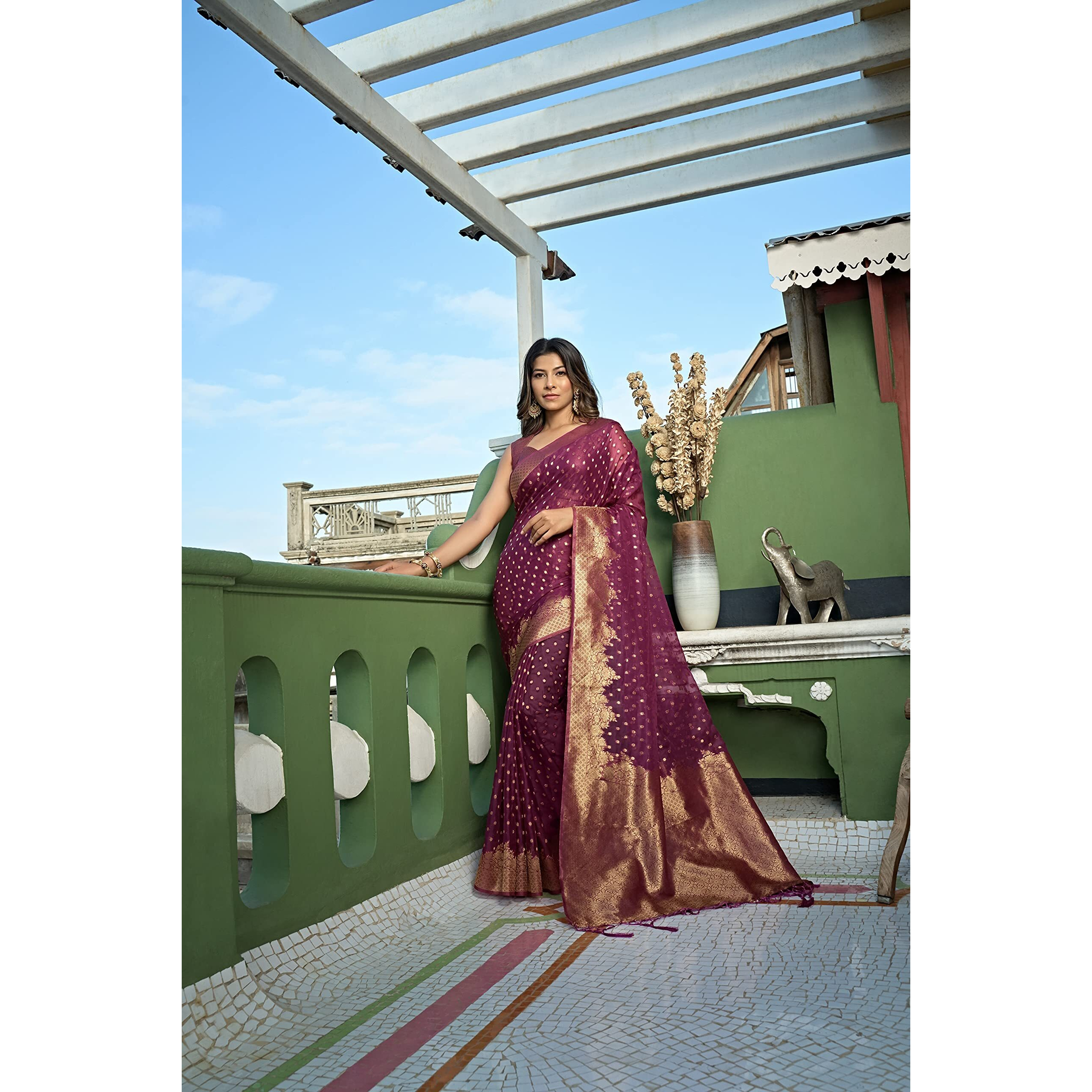 Vardha Womens Organza Art Silk Saree with Unstitched Blouse Piece - Zari Woven Work Sarees for Wedding (Kalini Silk, 431, Wine)