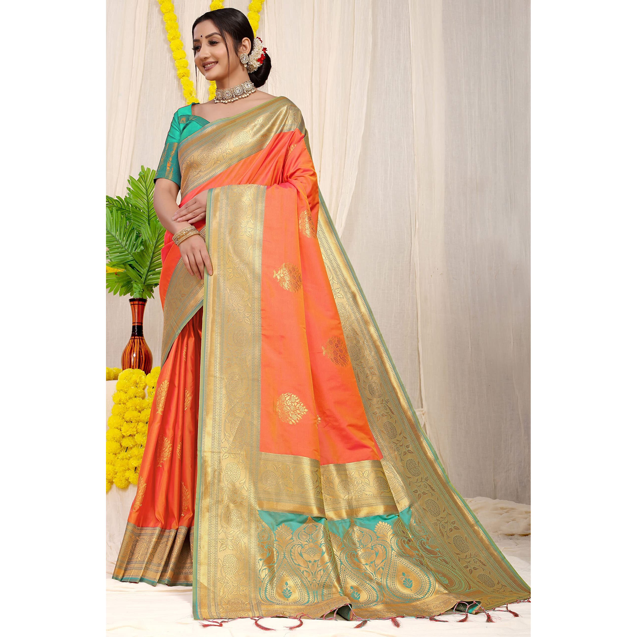 SGF11 Womens Kanjivaram Pure Soft Silk Handloom Saree Pure Golden Zari With Blouse Piece (Orange)