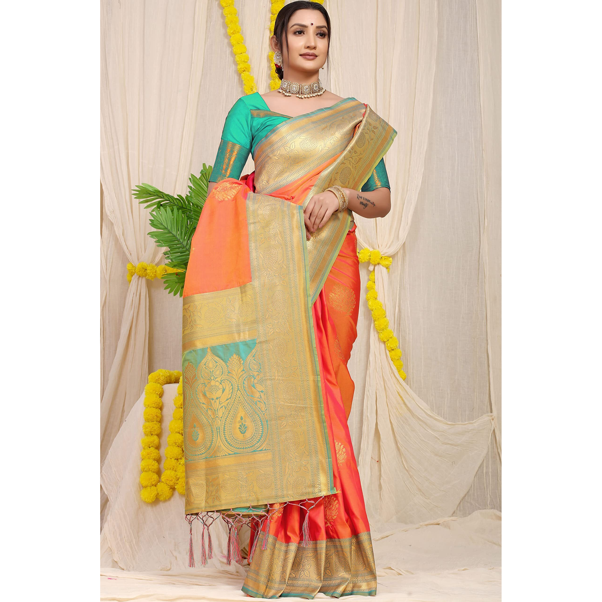 SGF11 Womens Kanjivaram Pure Soft Silk Handloom Saree Pure Golden Zari With Blouse Piece (Orange)