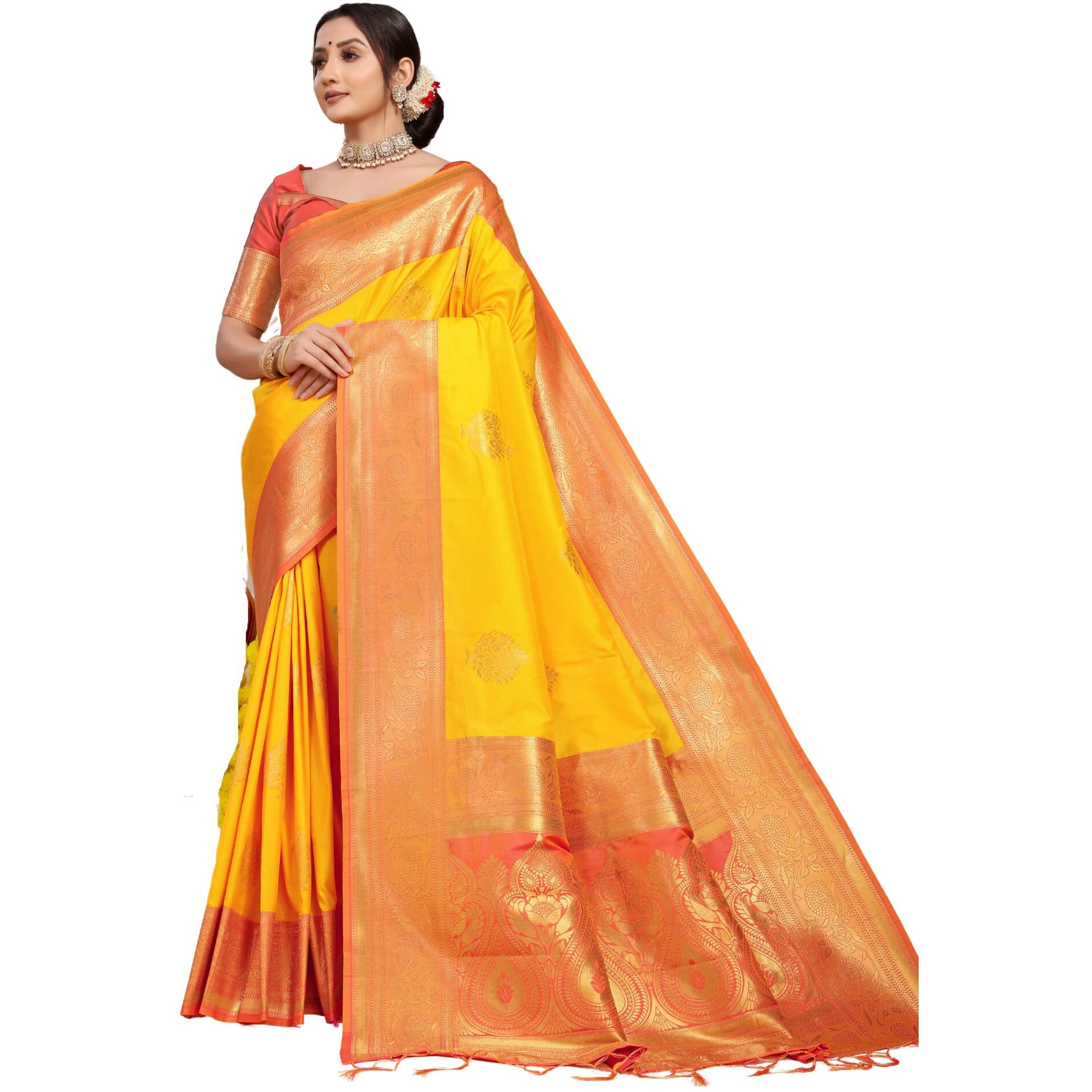 SGF11 Womens Kanjivaram Pure Soft Silk Handloom Saree Pure Golden Zari With Blouse Piece (Yellow)