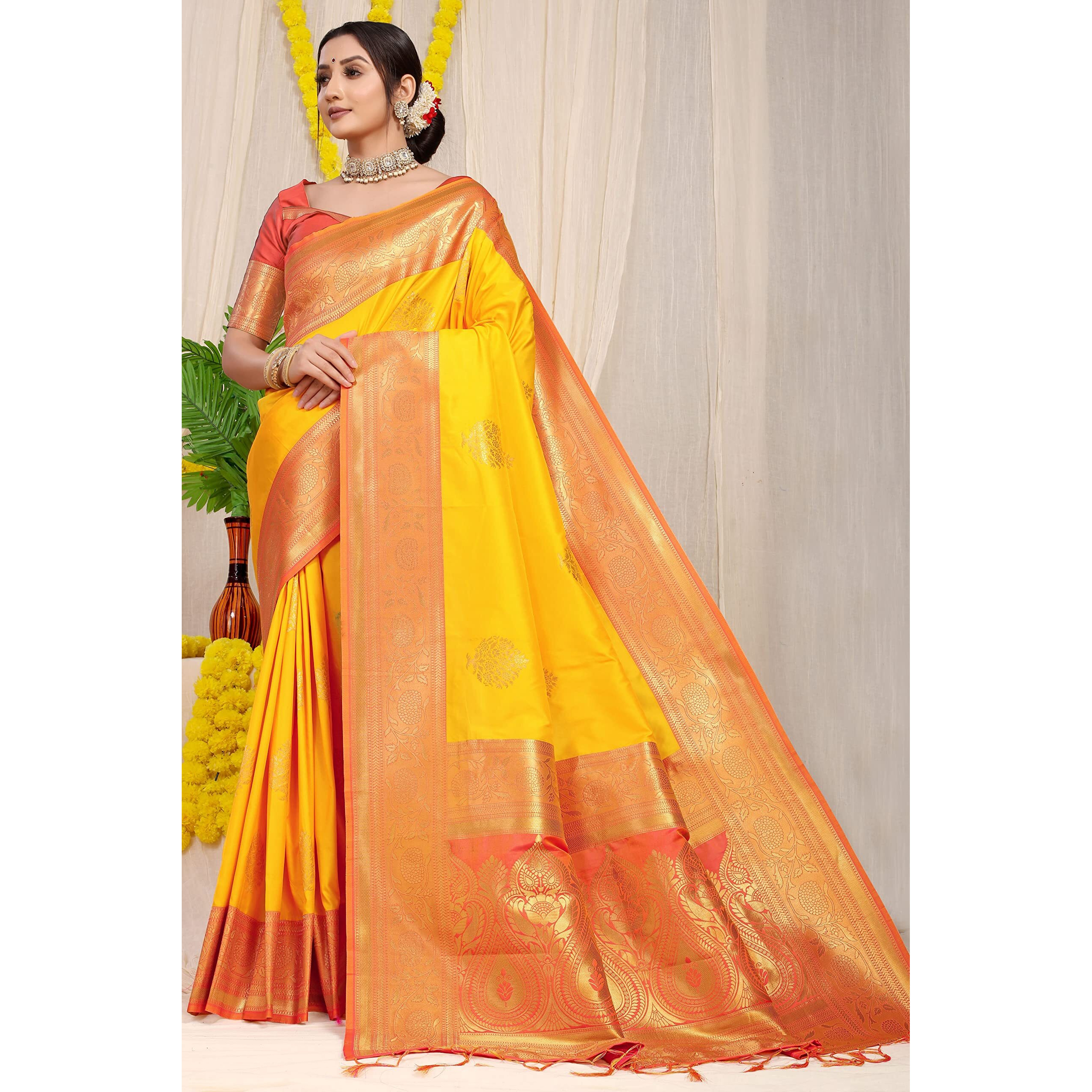 SGF11 Womens Kanjivaram Pure Soft Silk Handloom Saree Pure Golden Zari With Blouse Piece (Yellow)