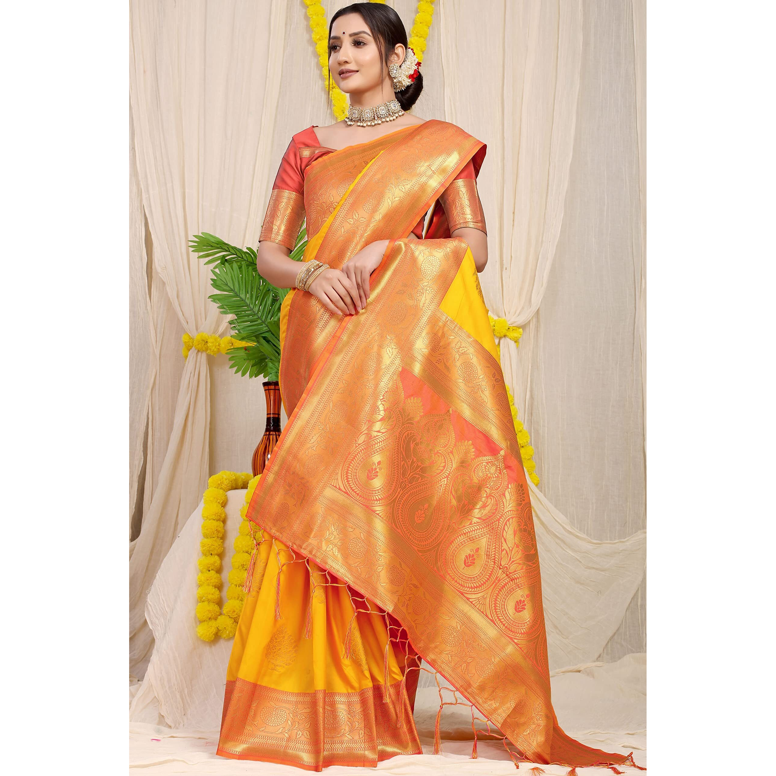 SGF11 Womens Kanjivaram Pure Soft Silk Handloom Saree Pure Golden Zari With Blouse Piece (Yellow)