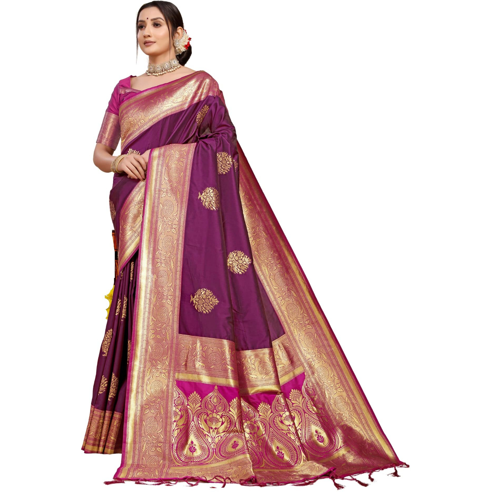 SGF11 Womens Kanjivaram Pure Soft Silk Handloom Saree Pure Golden Zari With Blouse Piece (Wine)