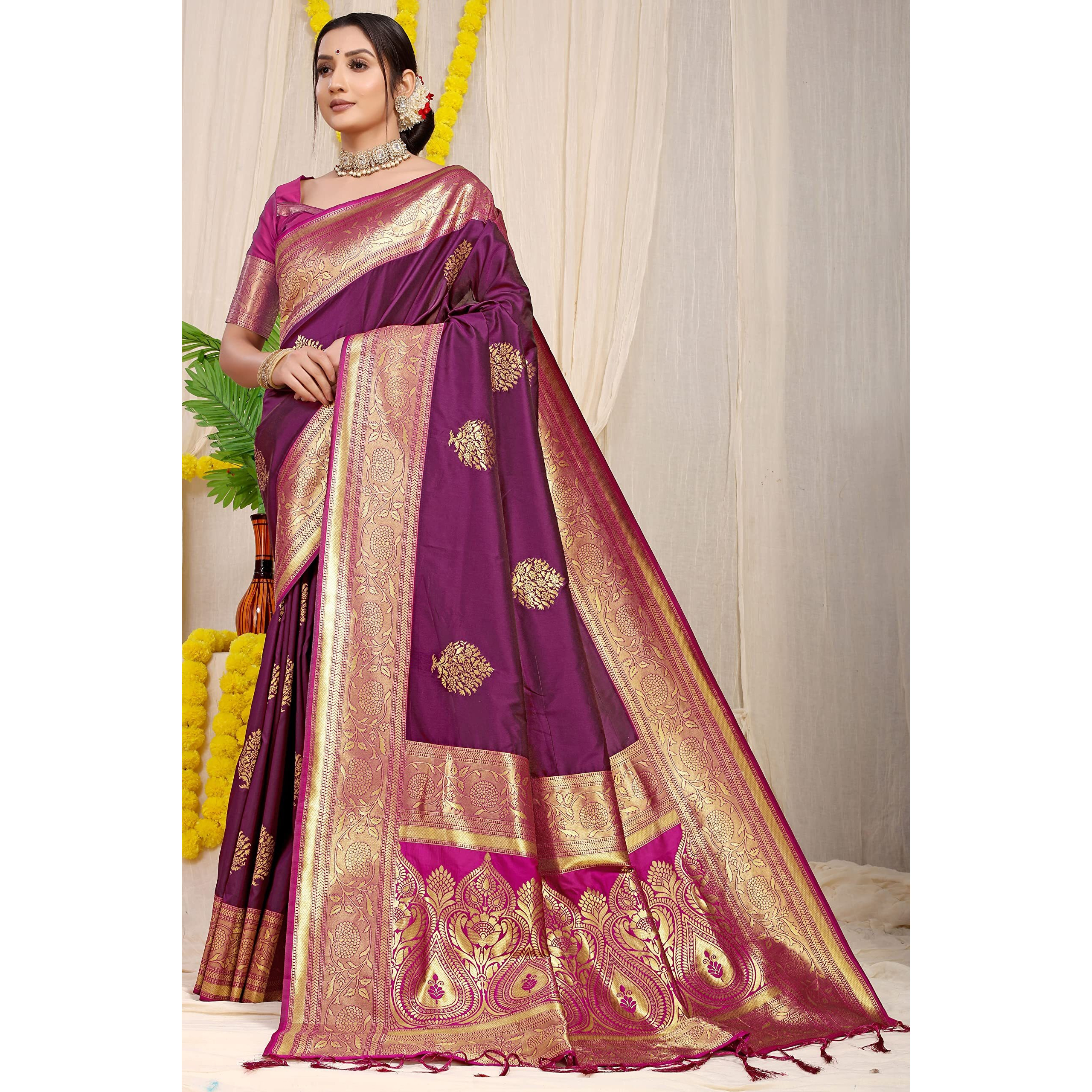 SGF11 Womens Kanjivaram Pure Soft Silk Handloom Saree Pure Golden Zari With Blouse Piece (Wine)