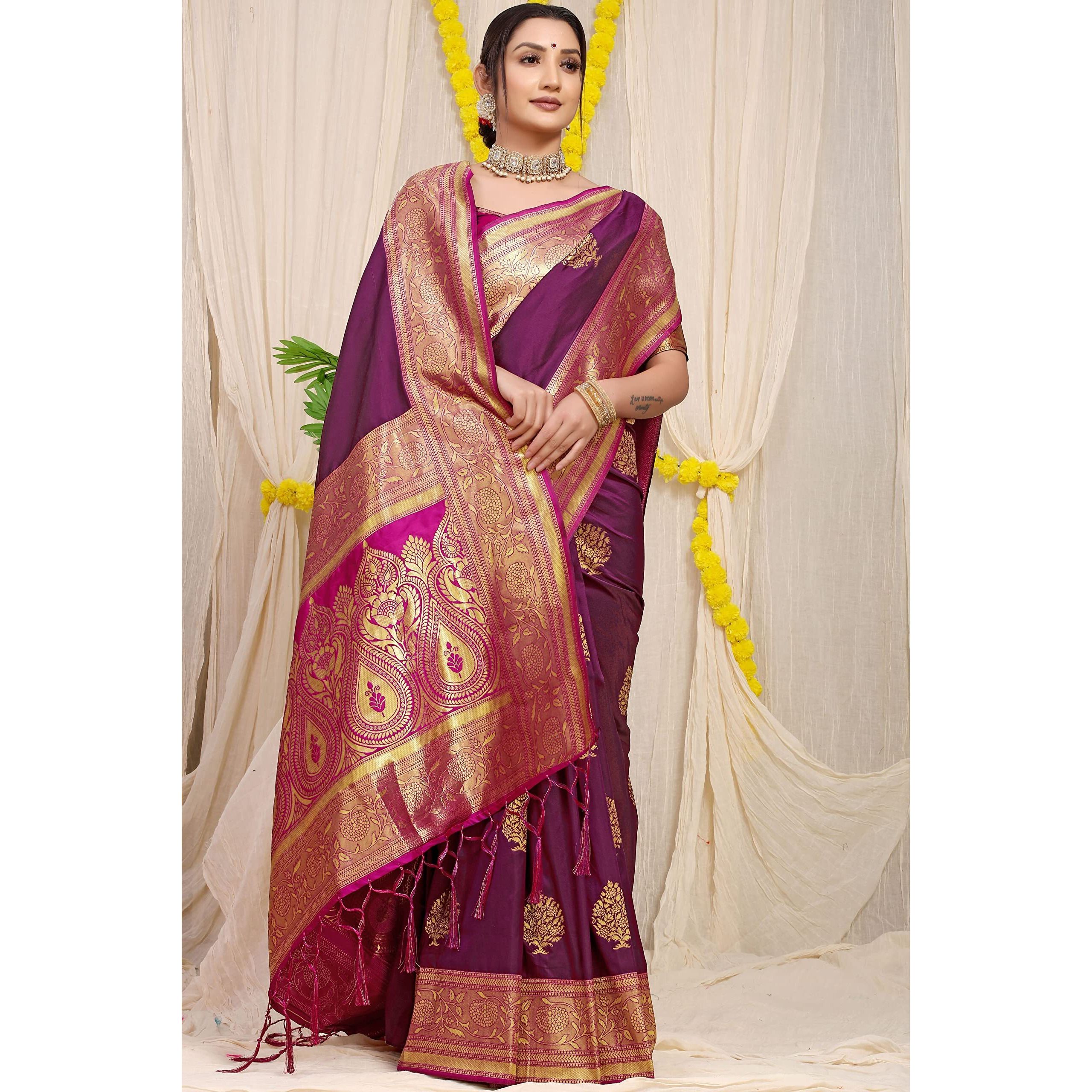 SGF11 Womens Kanjivaram Pure Soft Silk Handloom Saree Pure Golden Zari With Blouse Piece (Wine)