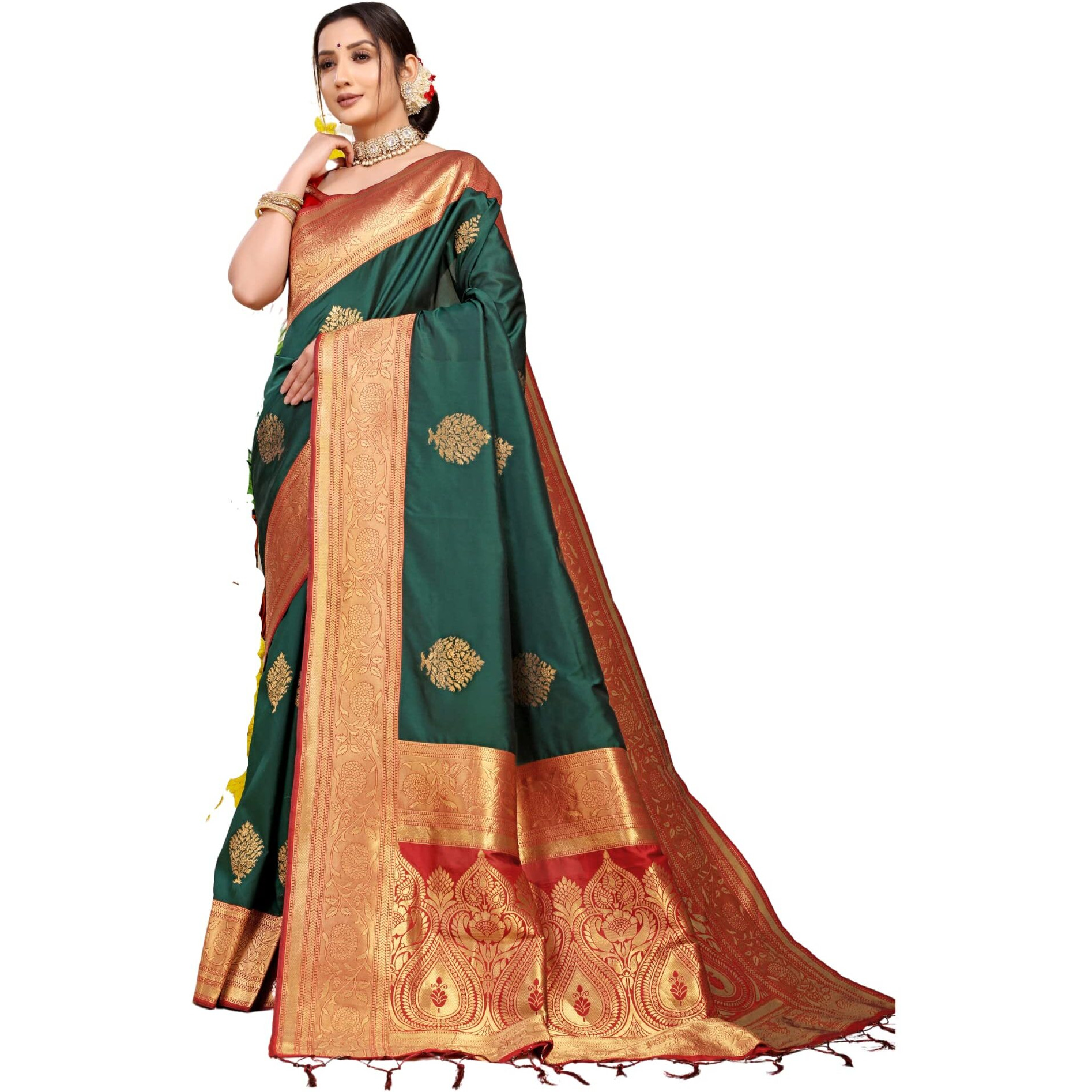 SGF11 Womens Kanjivaram Pure Soft Silk Handloom Saree Pure Golden Zari With Blouse Piece (Dark Green)