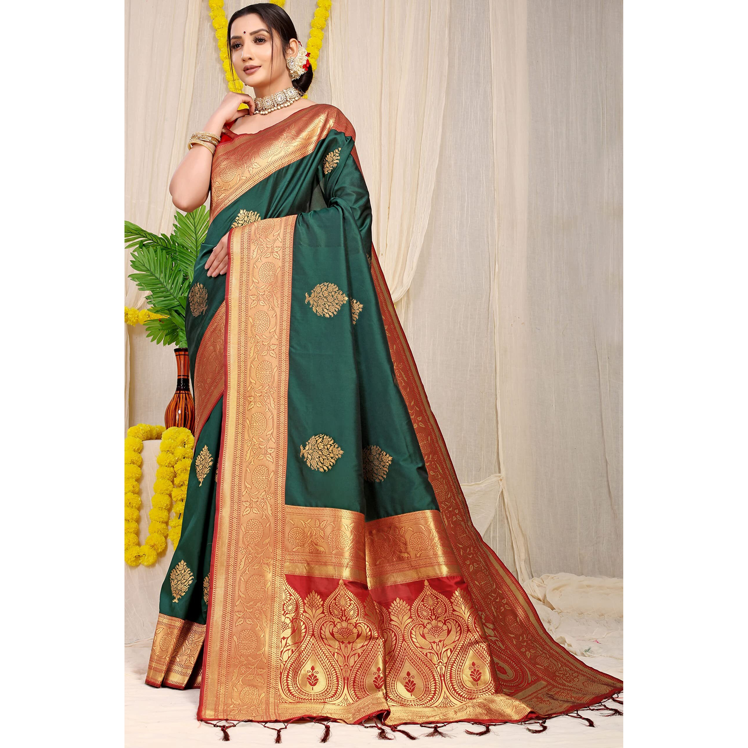 SGF11 Womens Kanjivaram Pure Soft Silk Handloom Saree Pure Golden Zari With Blouse Piece (Dark Green)