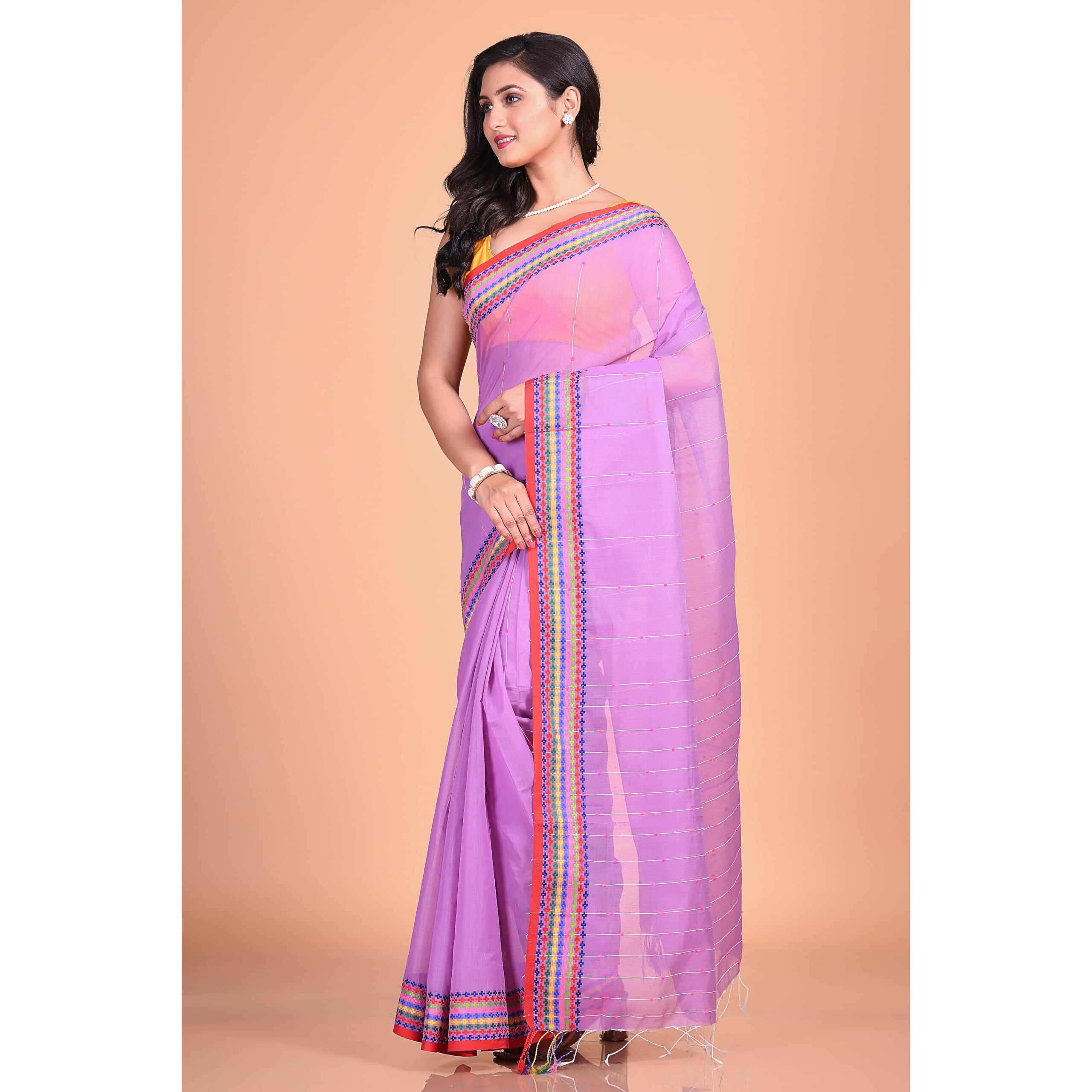 T.J. SAREES Handloom Cotton Tant Saree Choice for Women Perfectly Crafted Sarees for Women Comfortable Cotton Sarees for Women (Violet Pack Of 1)