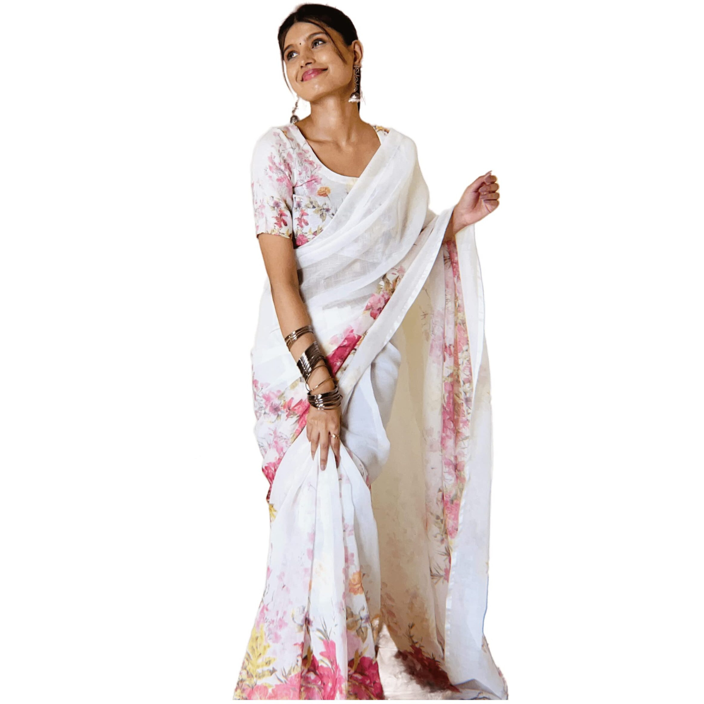 Sidhidata Linen Womens Printed Holi Special Saree With Unstitched Blouse Piece (Free Size_White)