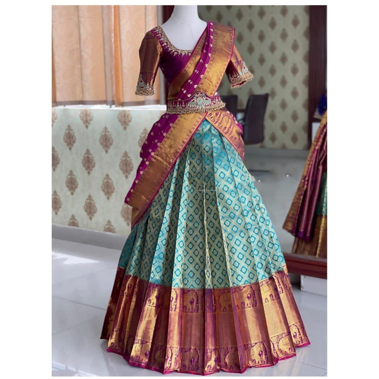 ZECVA Womens Traditional Kanjivaram Kanchipuram Silk Zari Weaving Un-stitched Lehenga Choli Half Saree (Rama Wine)