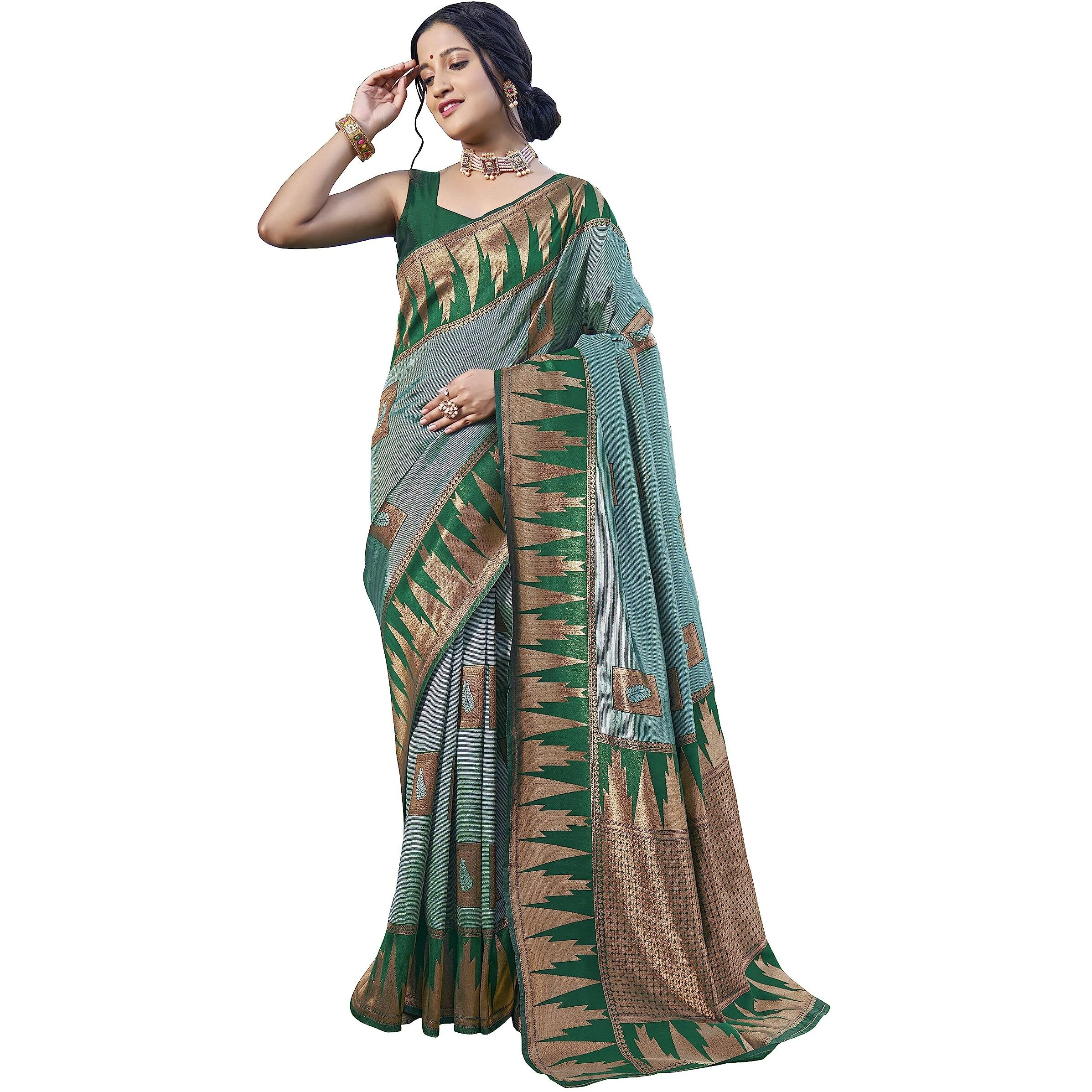 MANOHARI Women Most Trendy Green Banarasi Silk Woven Design Saree With Blouse Piece_Mn1816