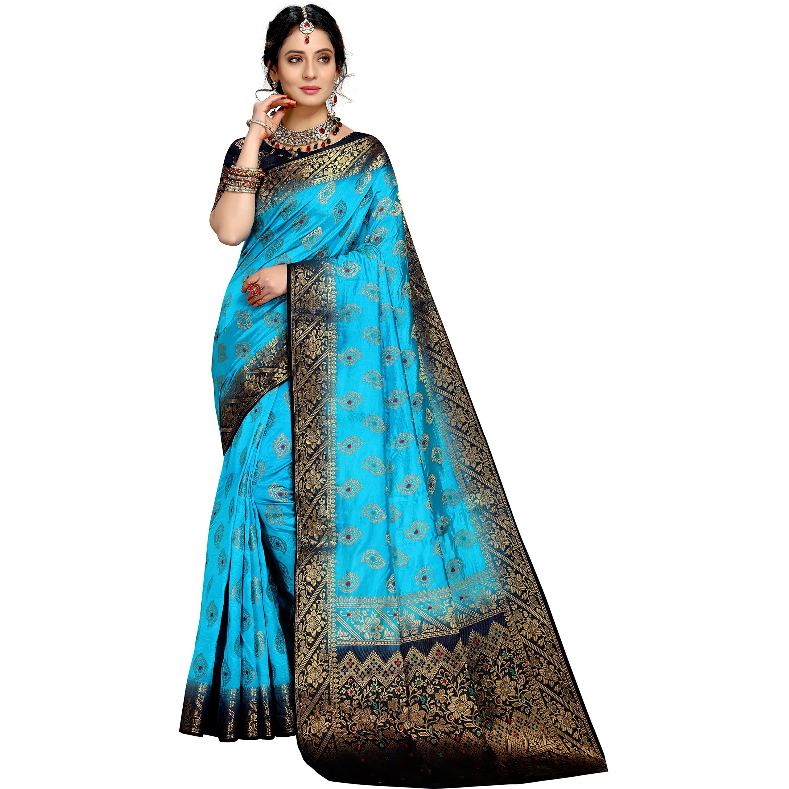 iZibra Women Kanjivaram Soft Cotton Silk Saree Pattu Sarees Banarasi Original Kanchipuram Pure Silk Design with Blouse for Wedding sadi new ladies 2022 (RajniGandha) (Sky Blue Navy Blue)