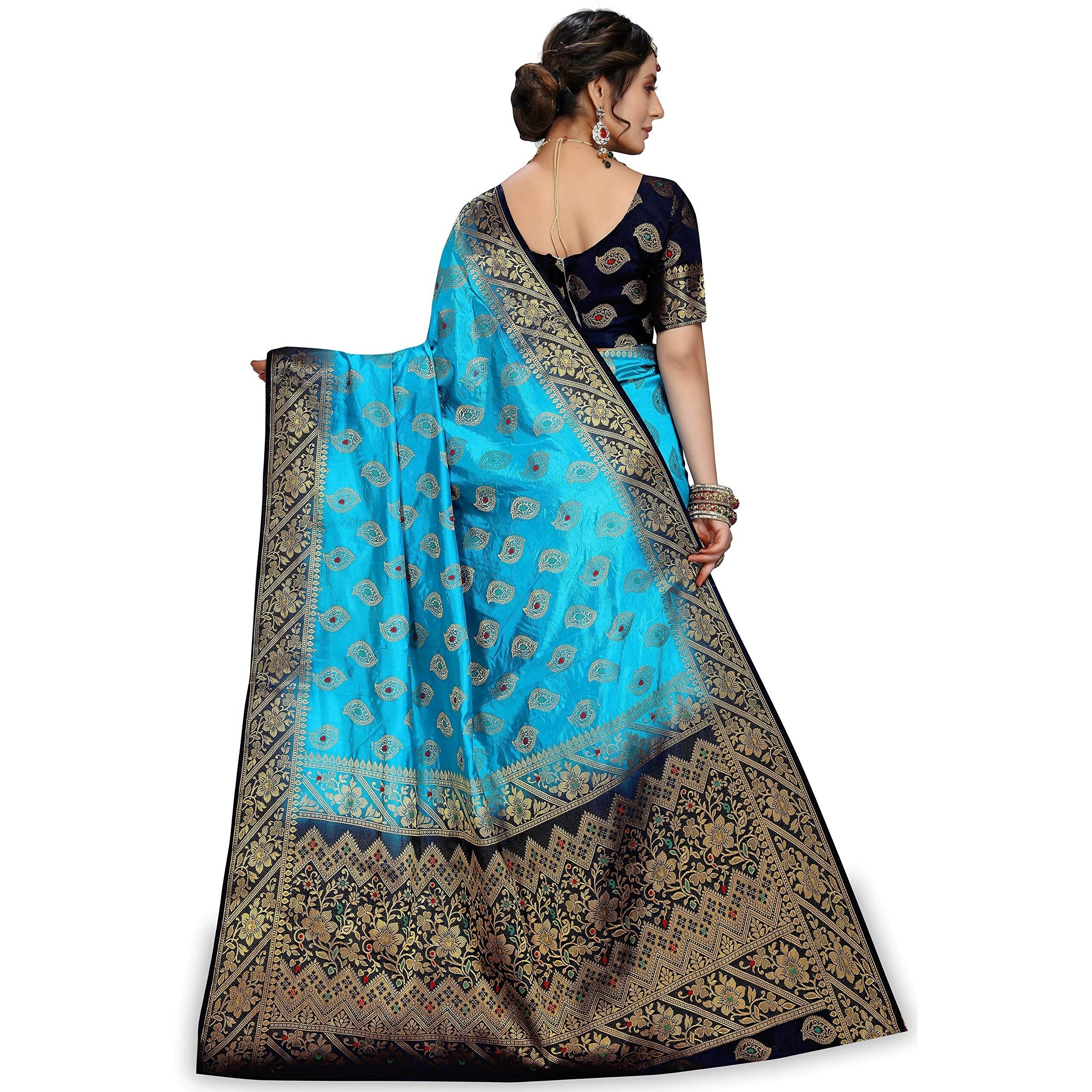 iZibra Women Kanjivaram Soft Cotton Silk Saree Pattu Sarees Banarasi Original Kanchipuram Pure Silk Design with Blouse for Wedding sadi new ladies 2022 (RajniGandha) (Sky Blue Navy Blue)