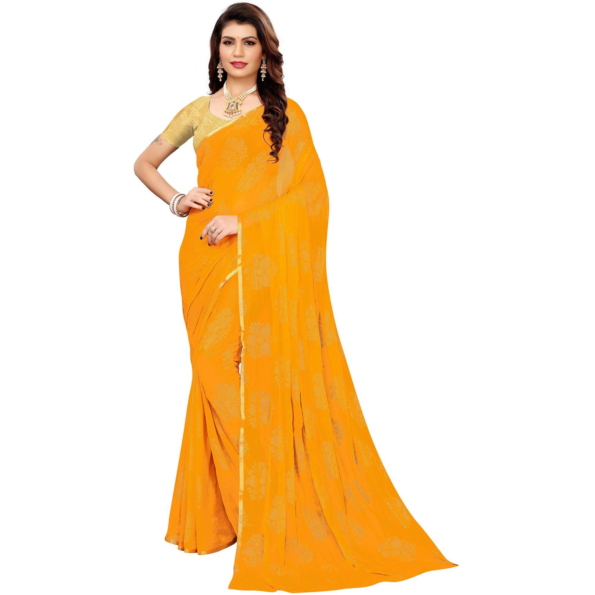 AKHILAM Womens Chiffon Woven Border Saree with Unstitched Blouse Piece (Yellow_DOLY2601)