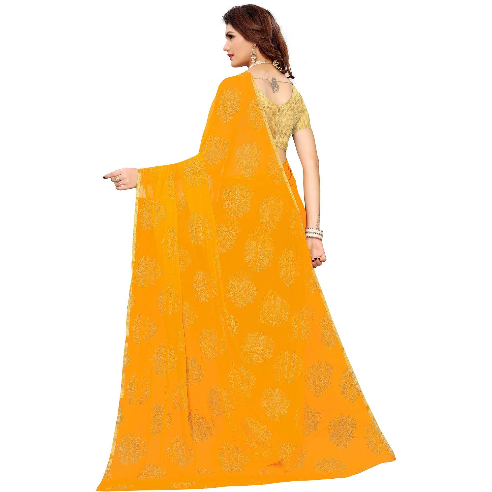 AKHILAM Womens Chiffon Woven Border Saree with Unstitched Blouse Piece (Yellow_DOLY2601)