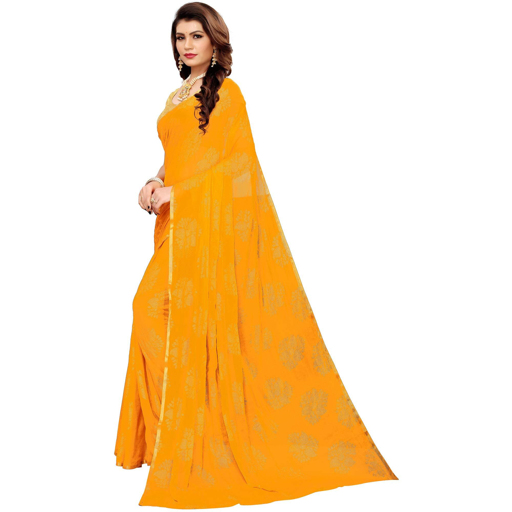 AKHILAM Womens Chiffon Woven Border Saree with Unstitched Blouse Piece (Yellow_DOLY2601)