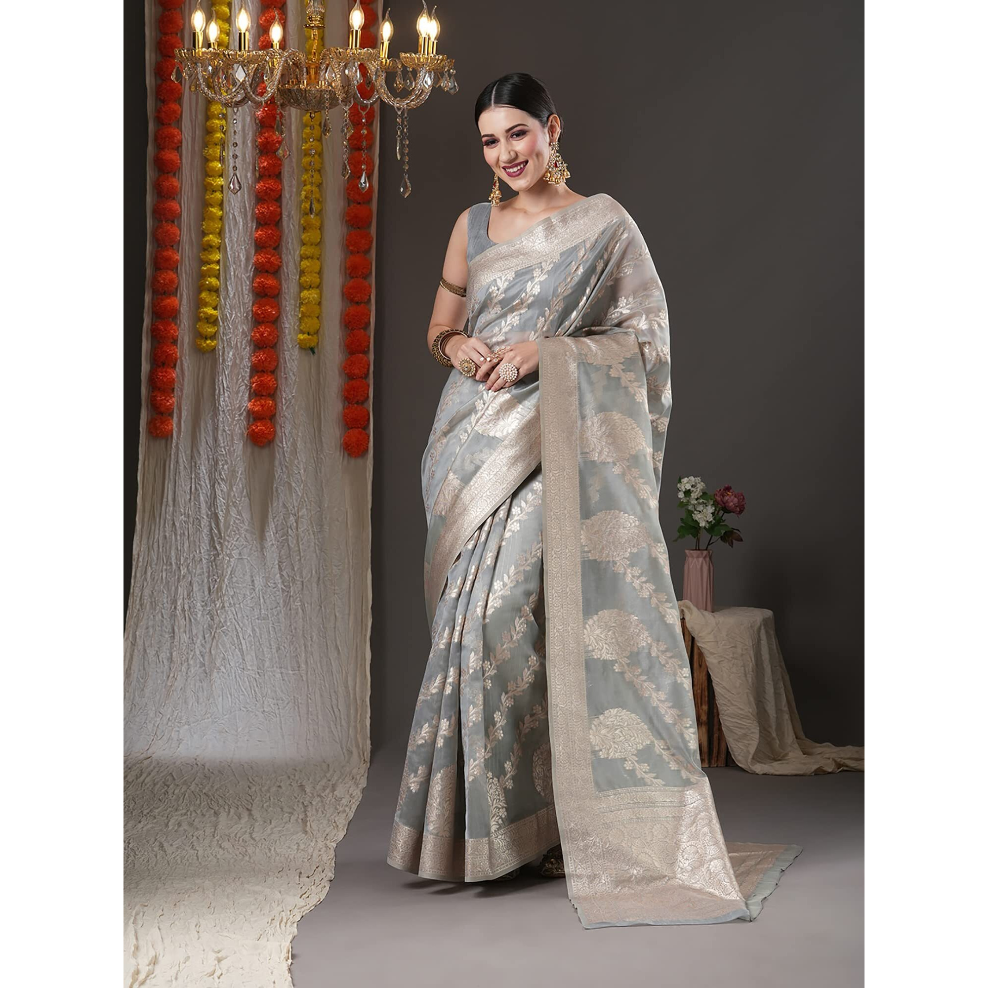 AKHILAM Womens Grey Woven Zari Work Organza Saree With Unstitched Blouse Piece (ORGCL06D)