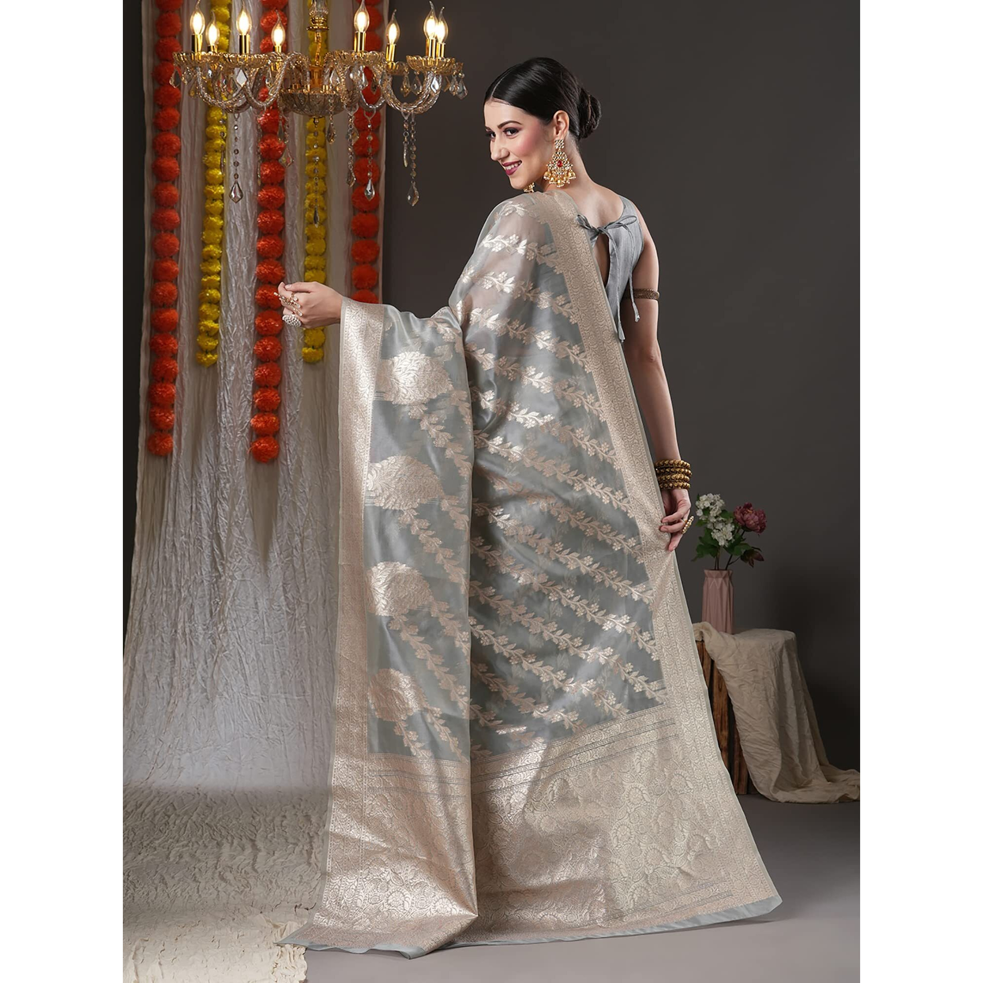 AKHILAM Womens Grey Woven Zari Work Organza Saree With Unstitched Blouse Piece (ORGCL06D)