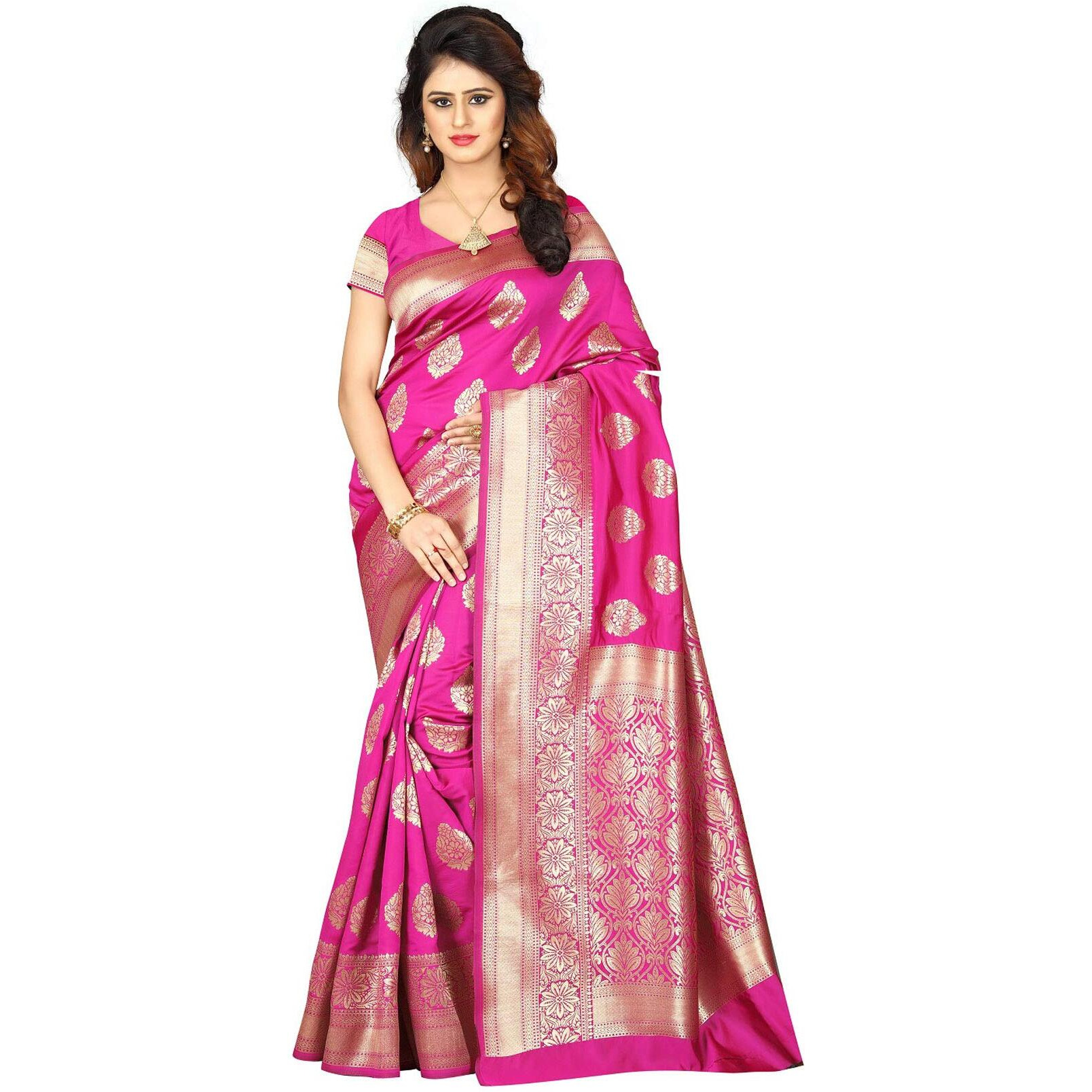 Shasmi Rani Pink and Golden Silk Blend Kanchipuram Jacquard Woven Designing Saree for Women (San Pari 6