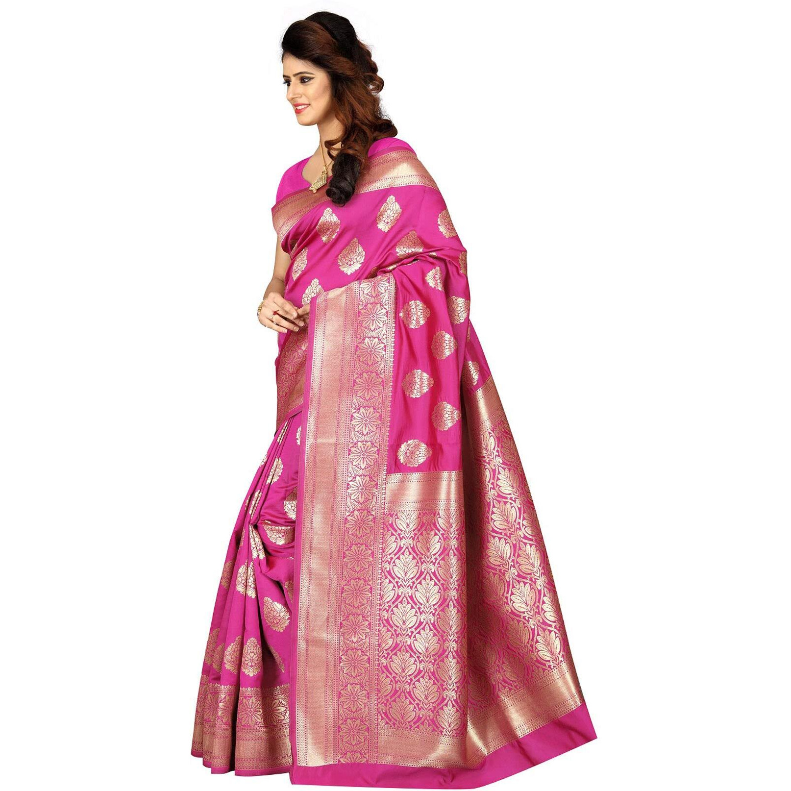 Shasmi Rani Pink and Golden Silk Blend Kanchipuram Jacquard Woven Designing Saree for Women (San Pari 6