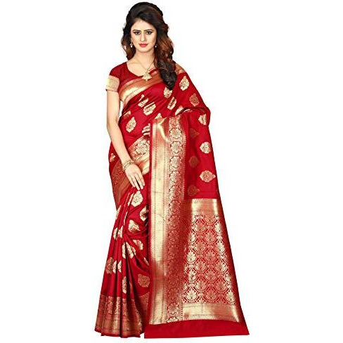 Shasmi Red and Golden Silk Blend Banaras Jacquard Woven Designing Saree for Women (San Pari 6